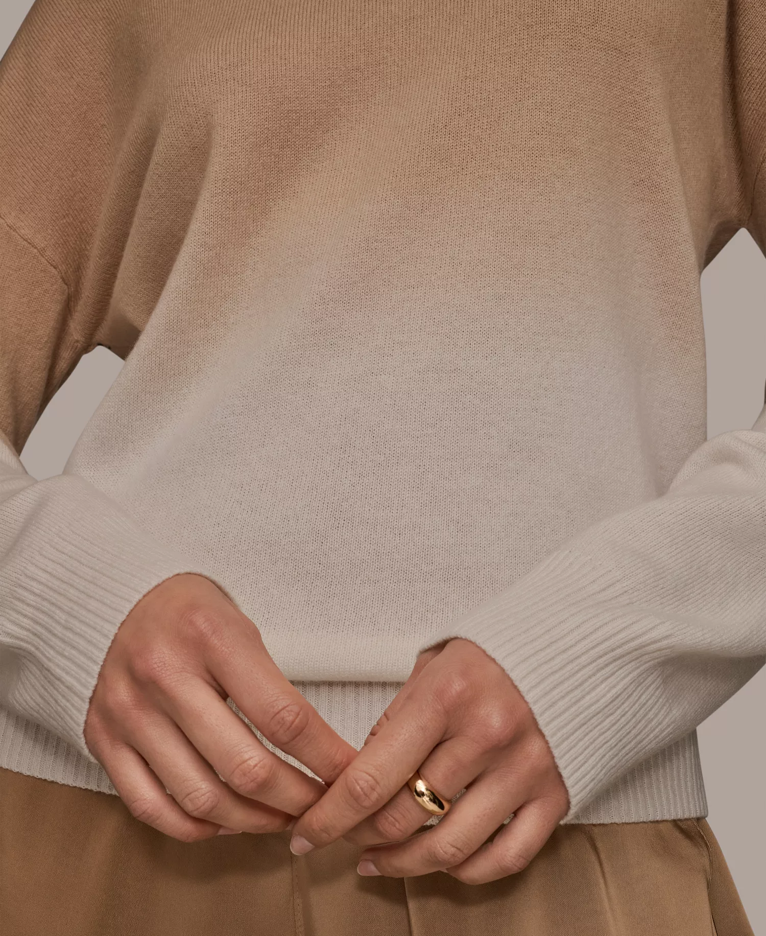 Women's Long Sleeve Wool Cashmere Blend Dye Dip Sweater - Cream/Fawn - L