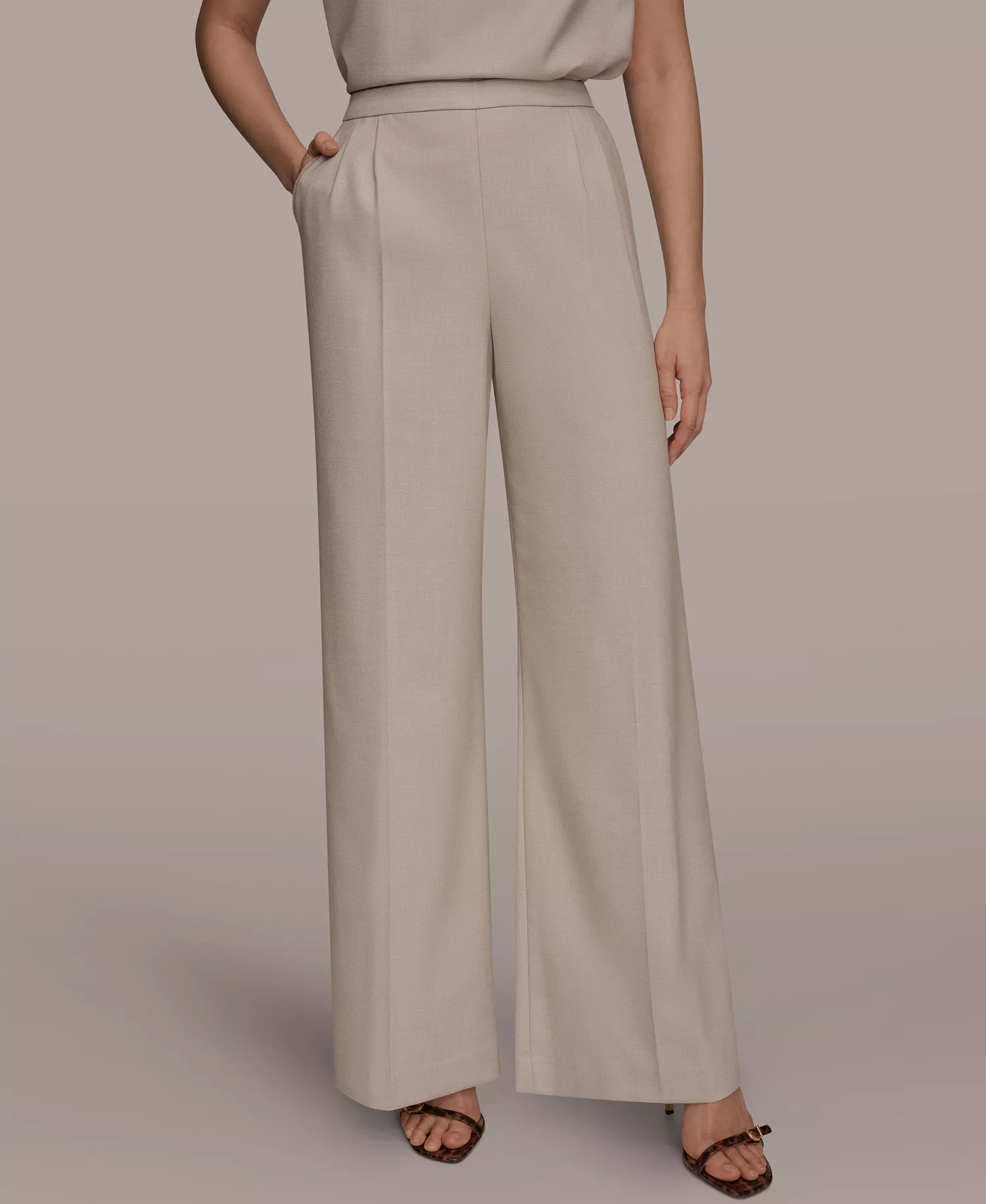 Women's Straight Leg Tie-Waist Pants and Draped Neck Blouse - Tuscan Grey - 0