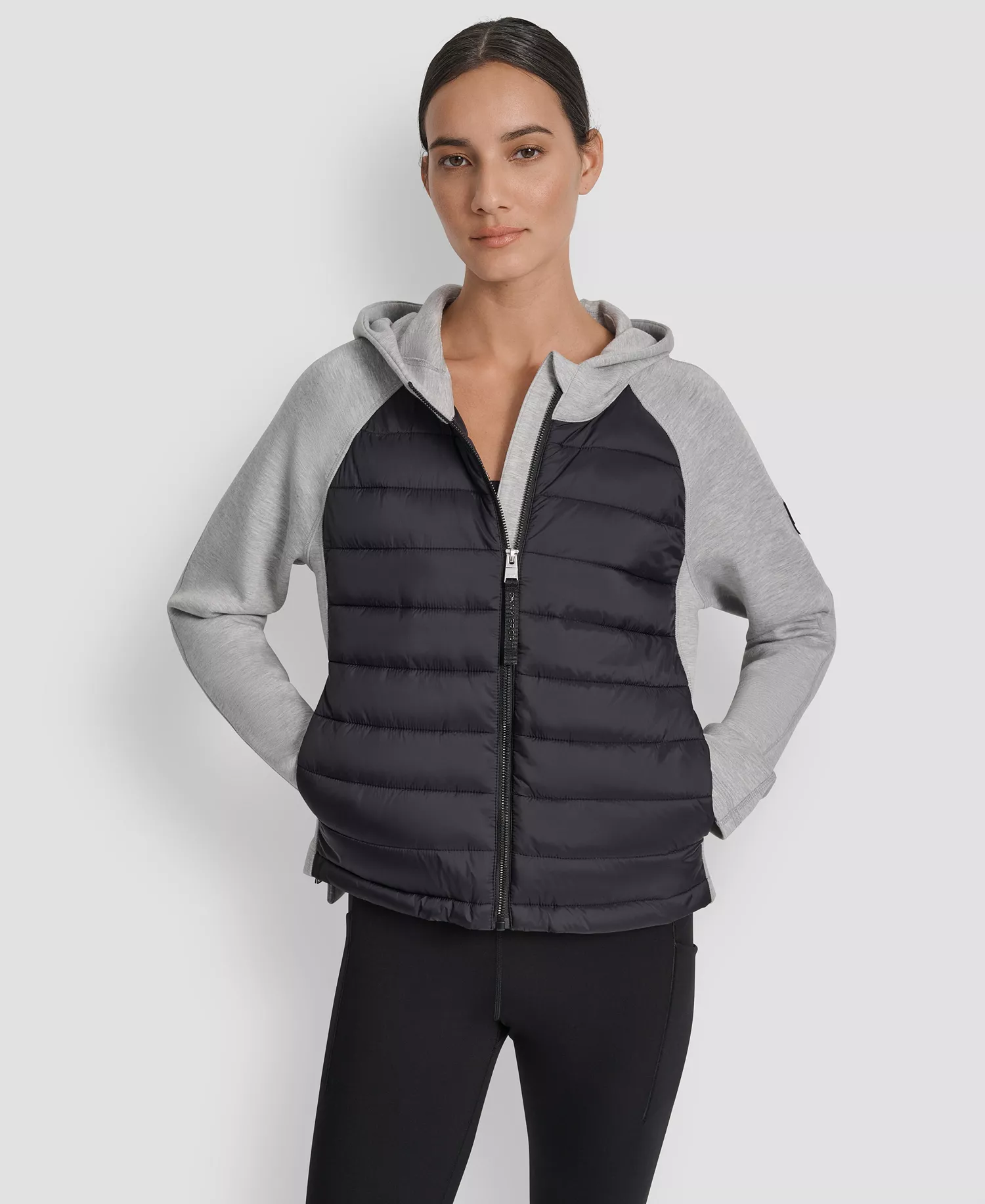 Women's High Low Hem Scuba Mixed Quilted Puffer Jacket - Matte Black/ Pearl Grey Heather - L