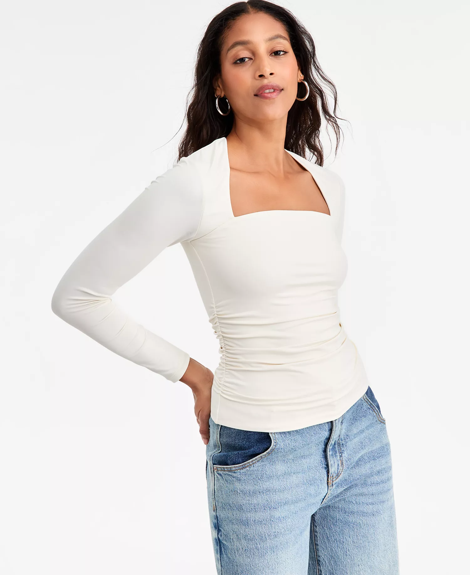 Women's Square-Neck Ruched Knit Top, Macy's Exclusive - Crema - L