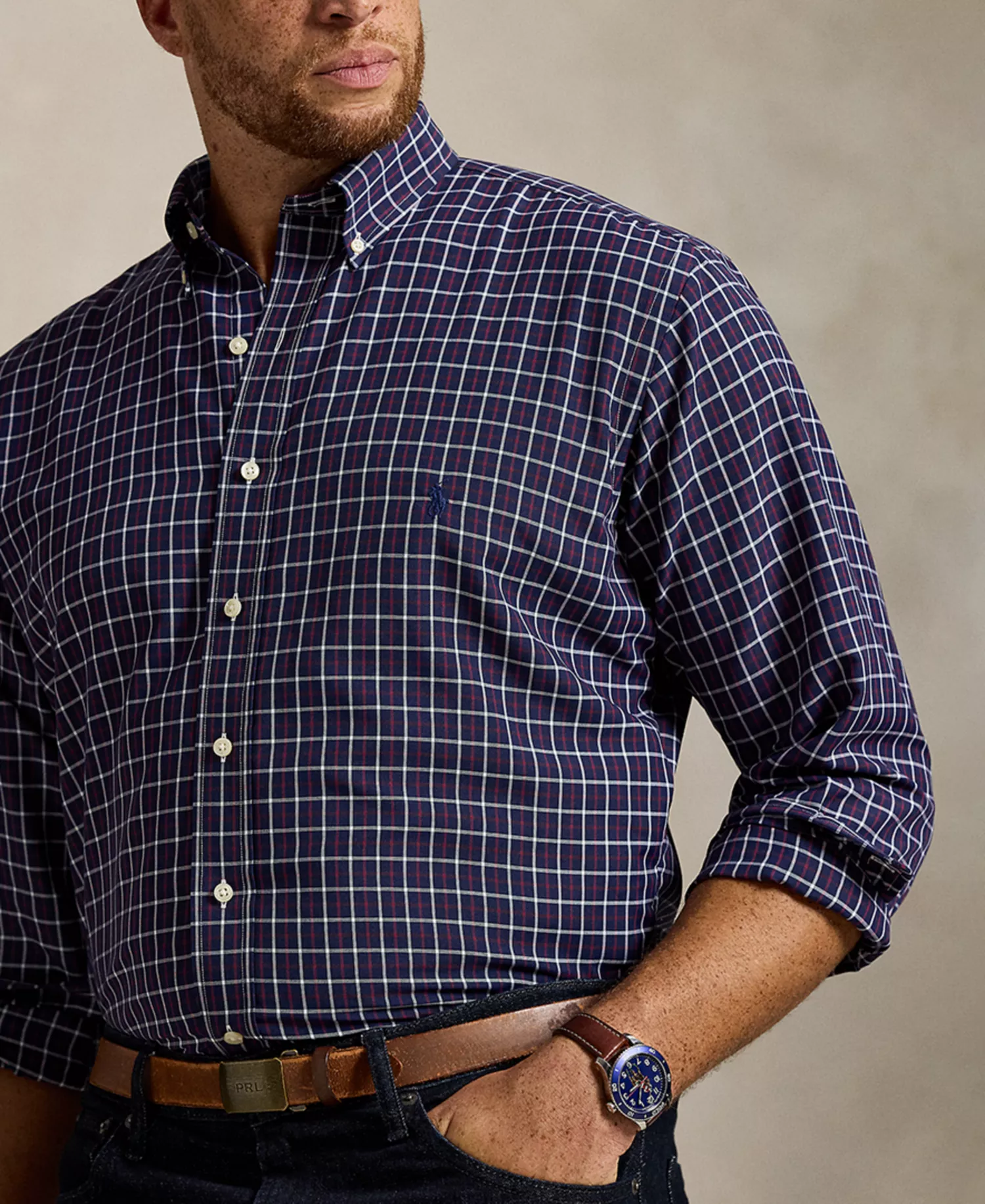 Men's B&T Long Sleeve Performance Oxford Shirt - Navy Wine Multi - 2LT