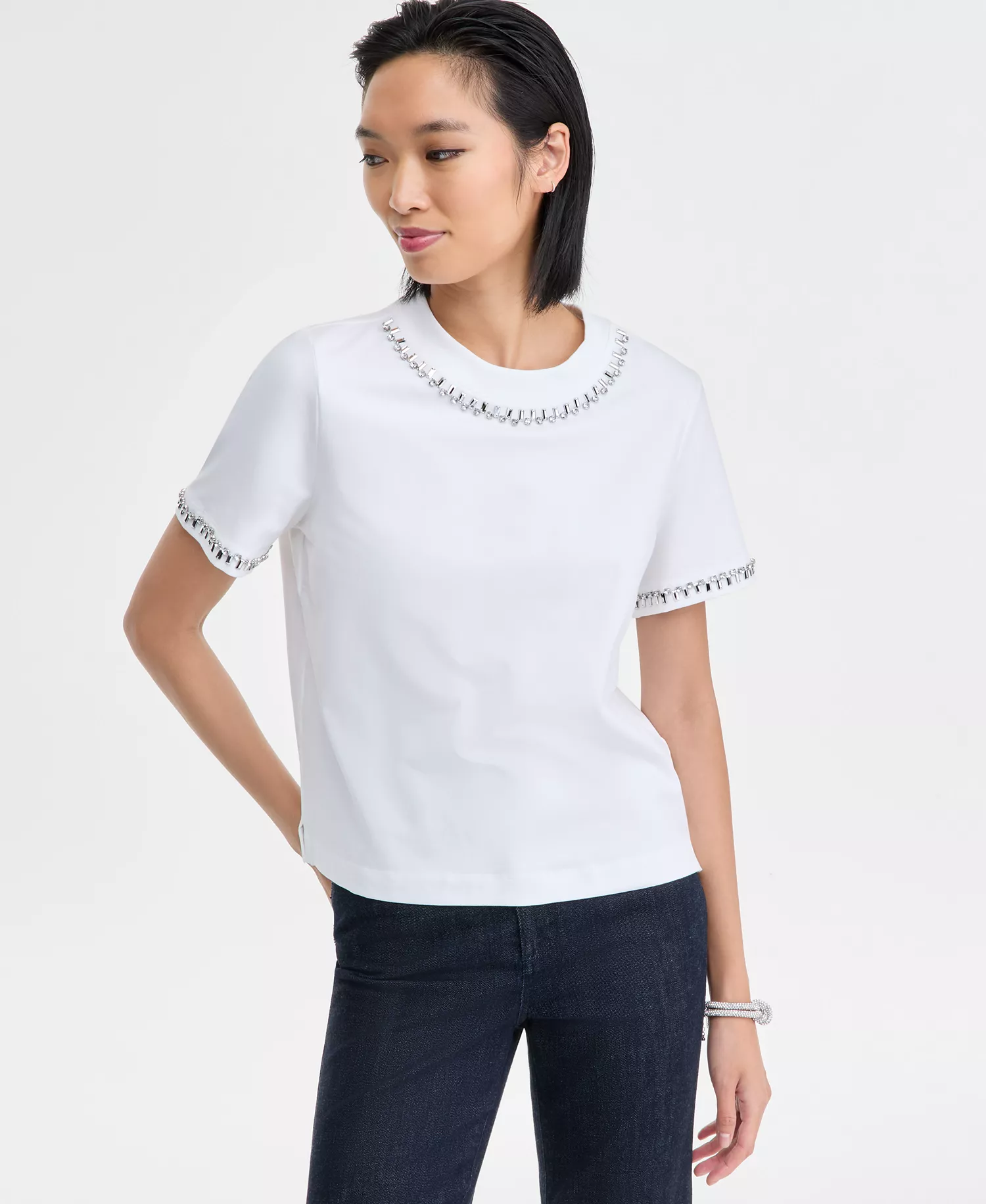 Women's Embellished T-Shirt - Bright White - L