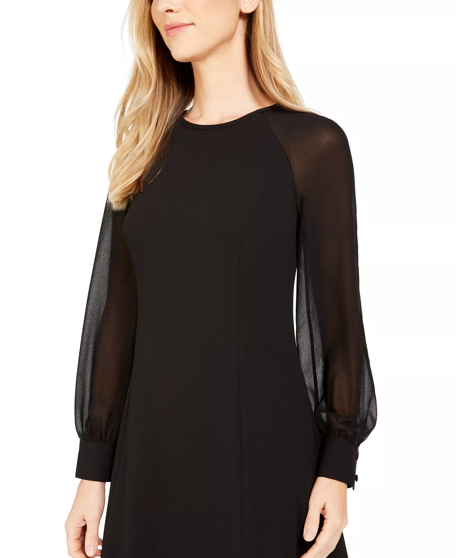Illusion-Sleeve A-Line Dress - Black - 2