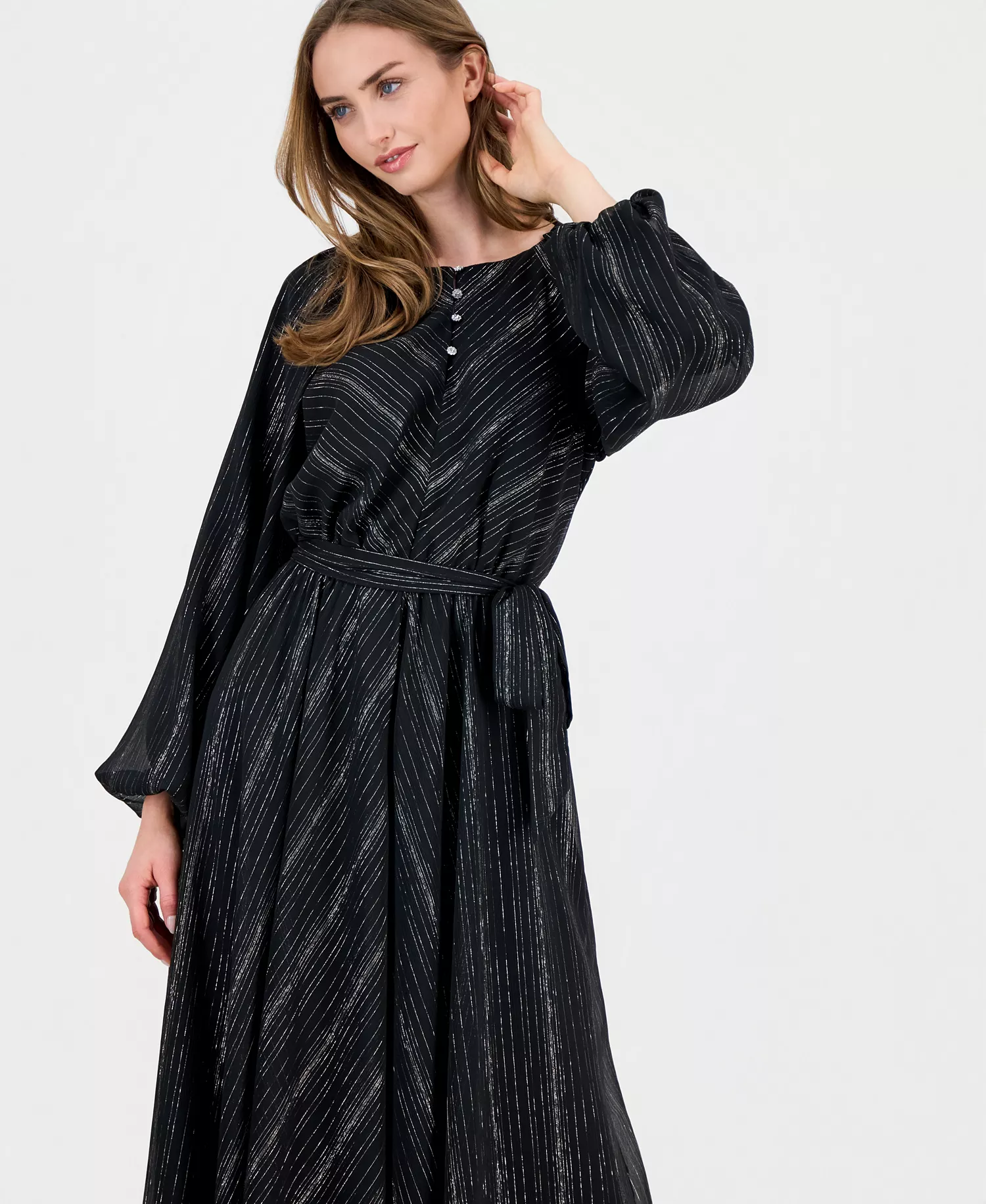 Women's Long-Sleeve Fit & Flare Dress - Black/silver Stripe - 10