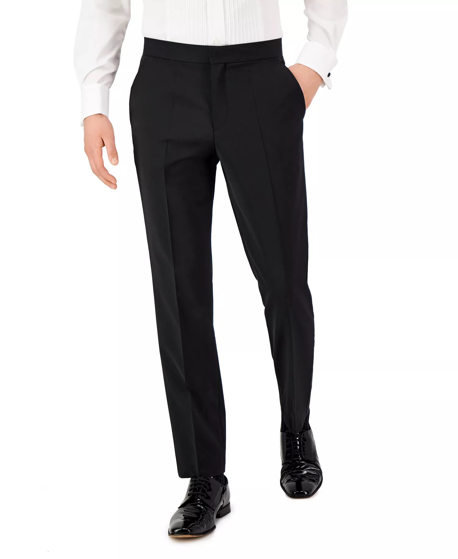 Men Unfinished Hem Modern-Fit Wool Blend Super Flex Stretch Tuxedo Pant - Black - 30R