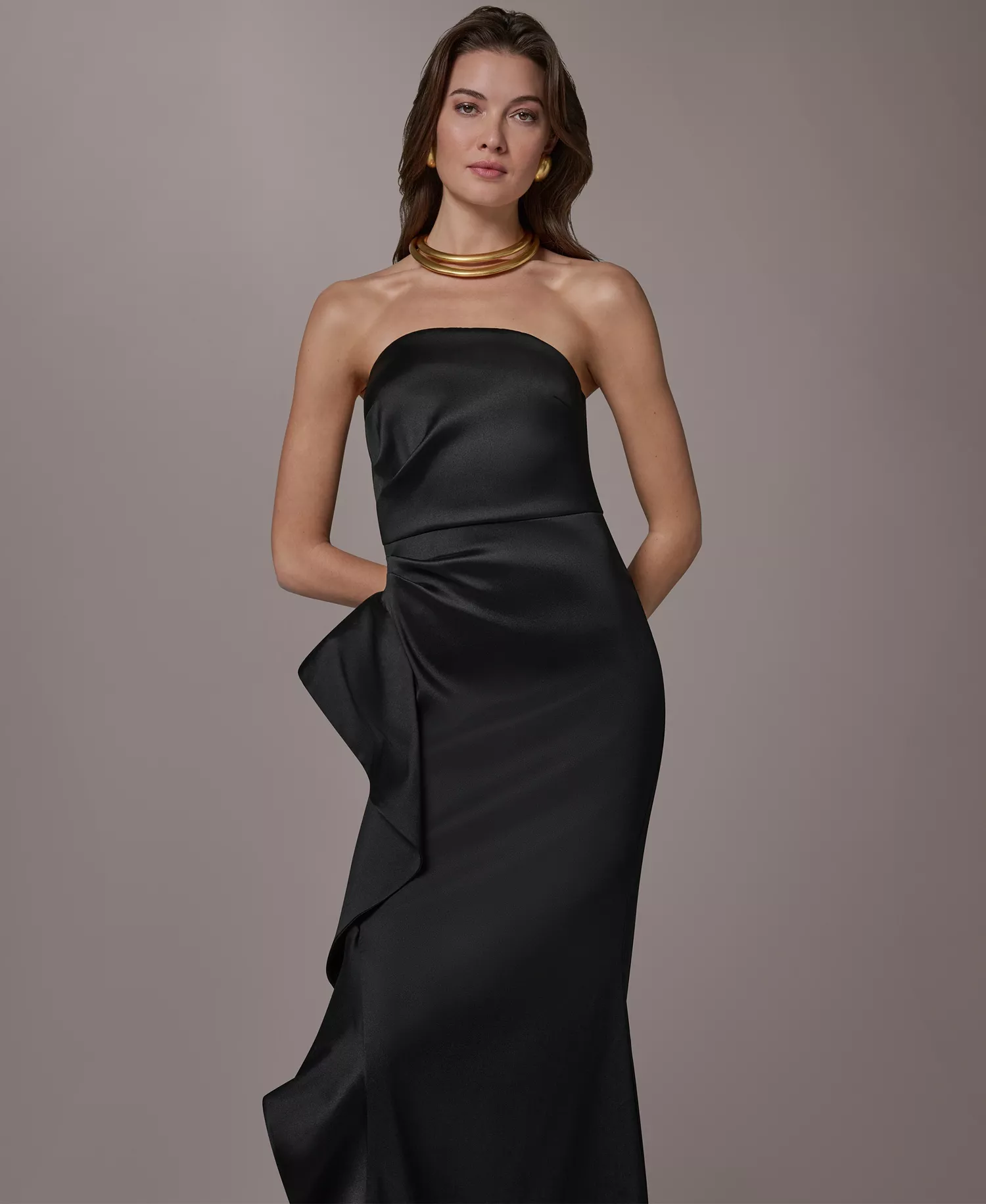 Women's Strapless Side Ruffle Gown - Black - 10