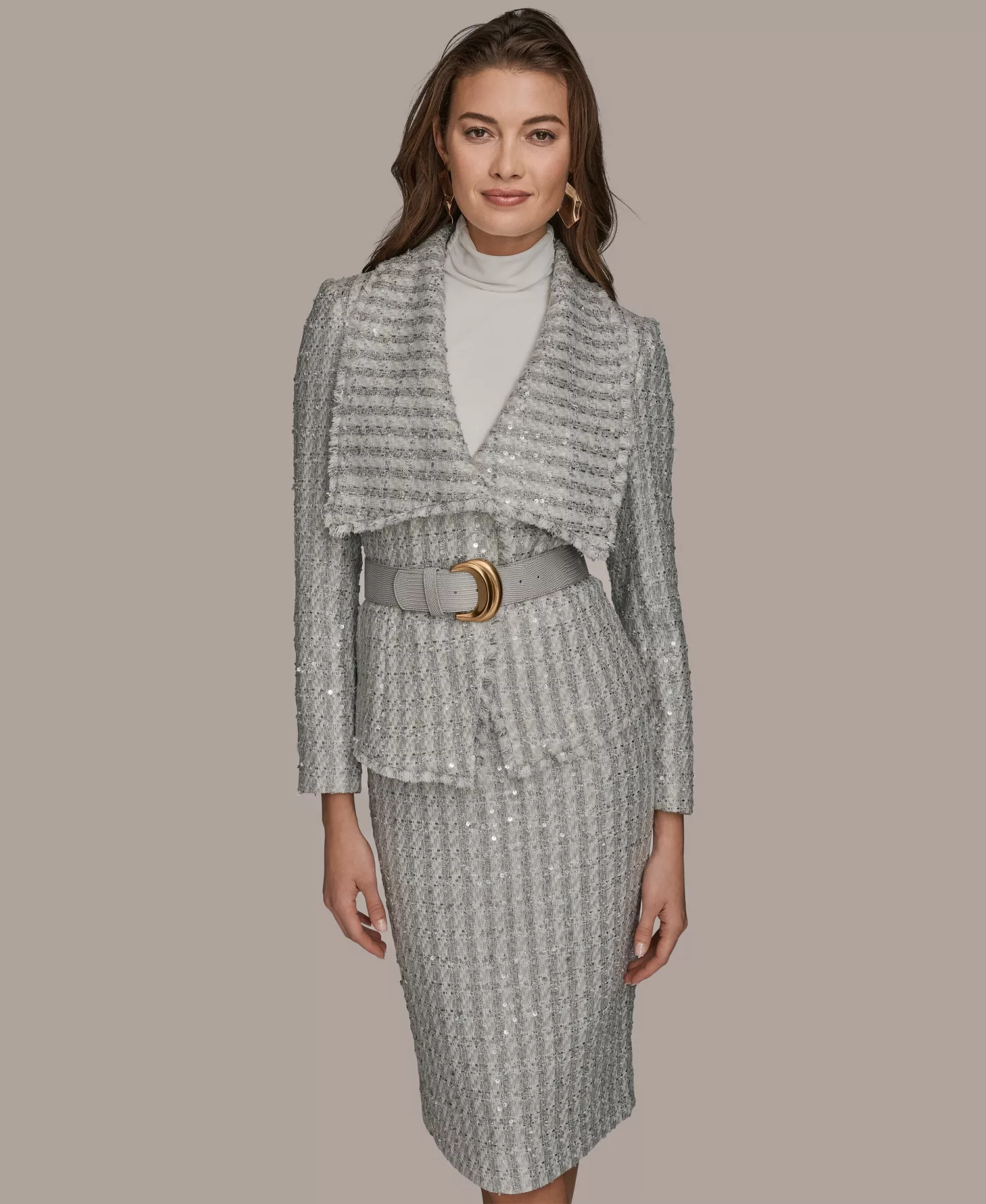 Women's Draped Lapel Collar Belted Sequin Detail Jacket & Pencil Midi Skirt and Printed TurtleNeck Top - Light Vapor Multi - 0