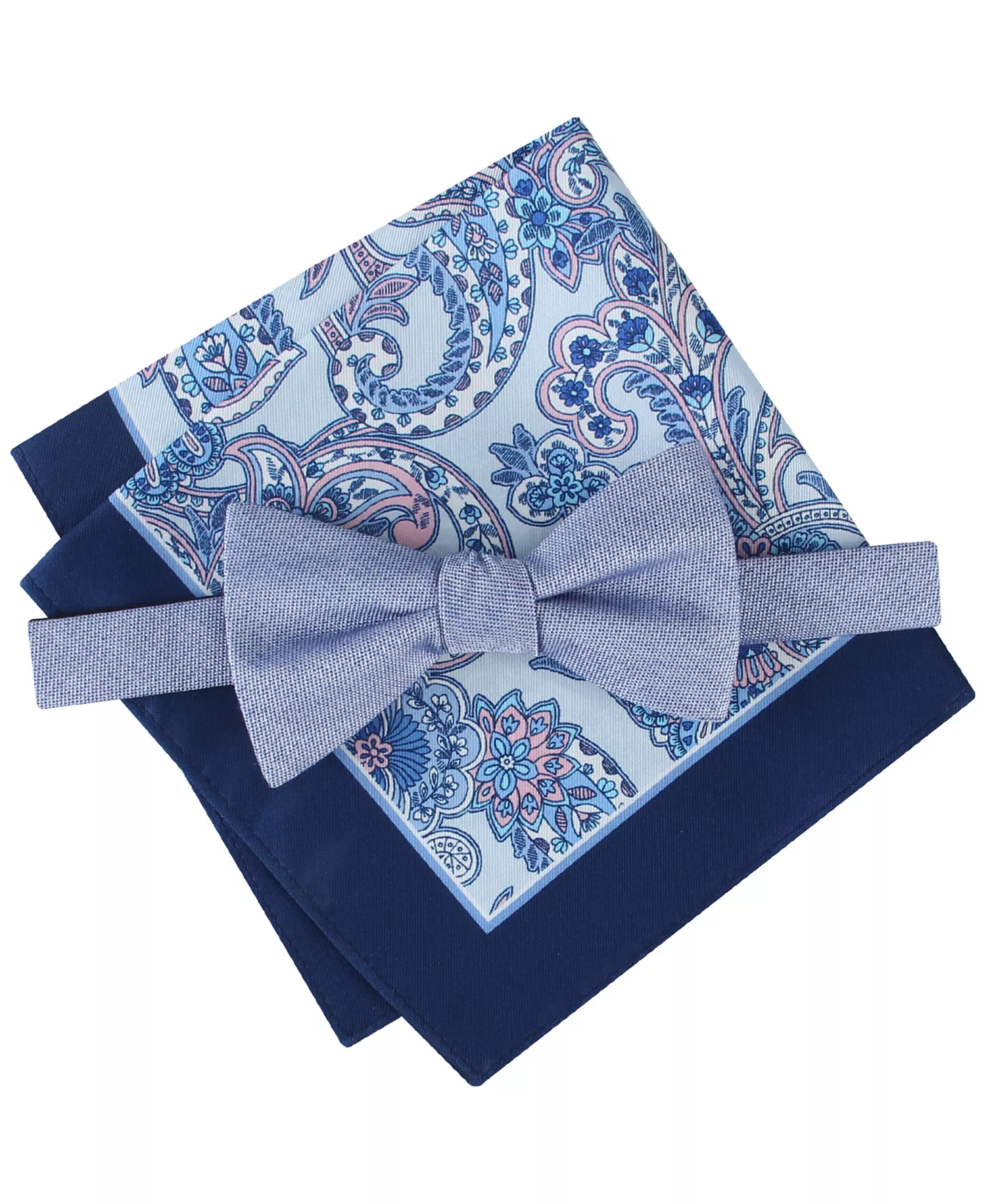 Men's Denim Paisley Bow Tie and Pocket Square, 2-Piece Set - Denim Blue - ONE SIZE