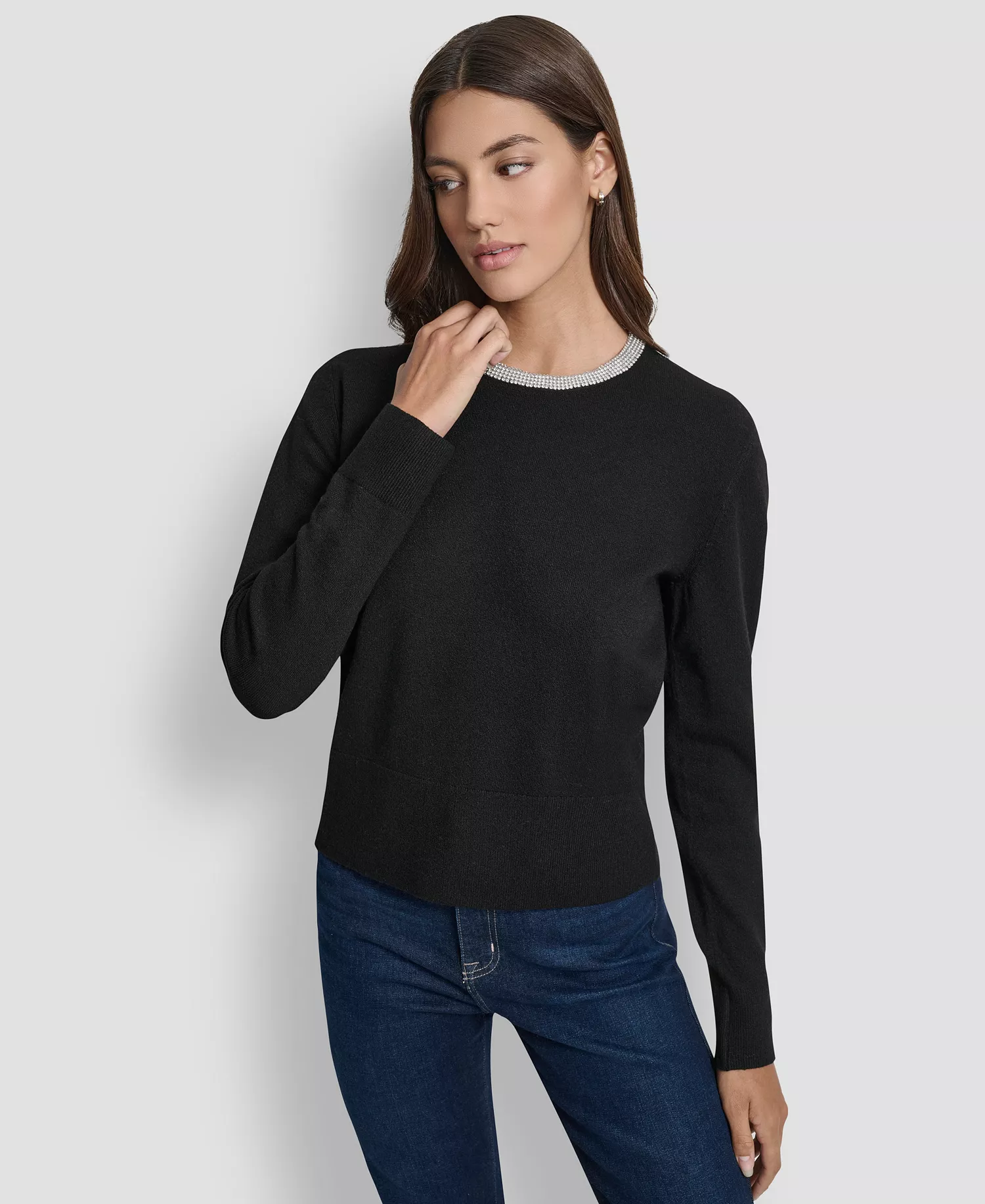 Petite Embellished Trim Sweater Top  - Black - P/XS