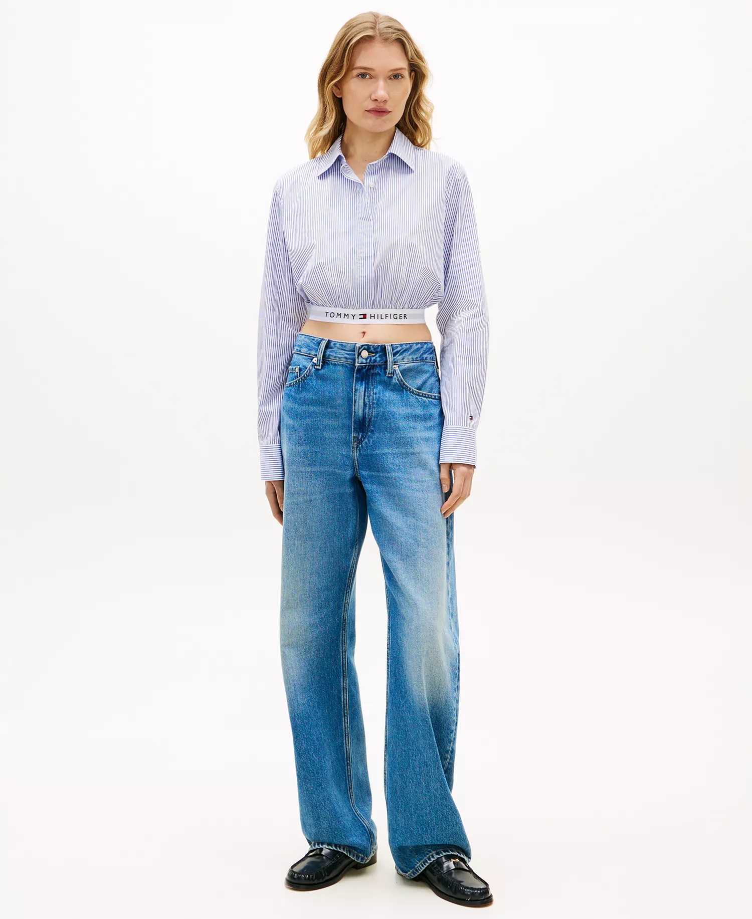 Women's Poplin Cropped Collared Shirt - Blue - L