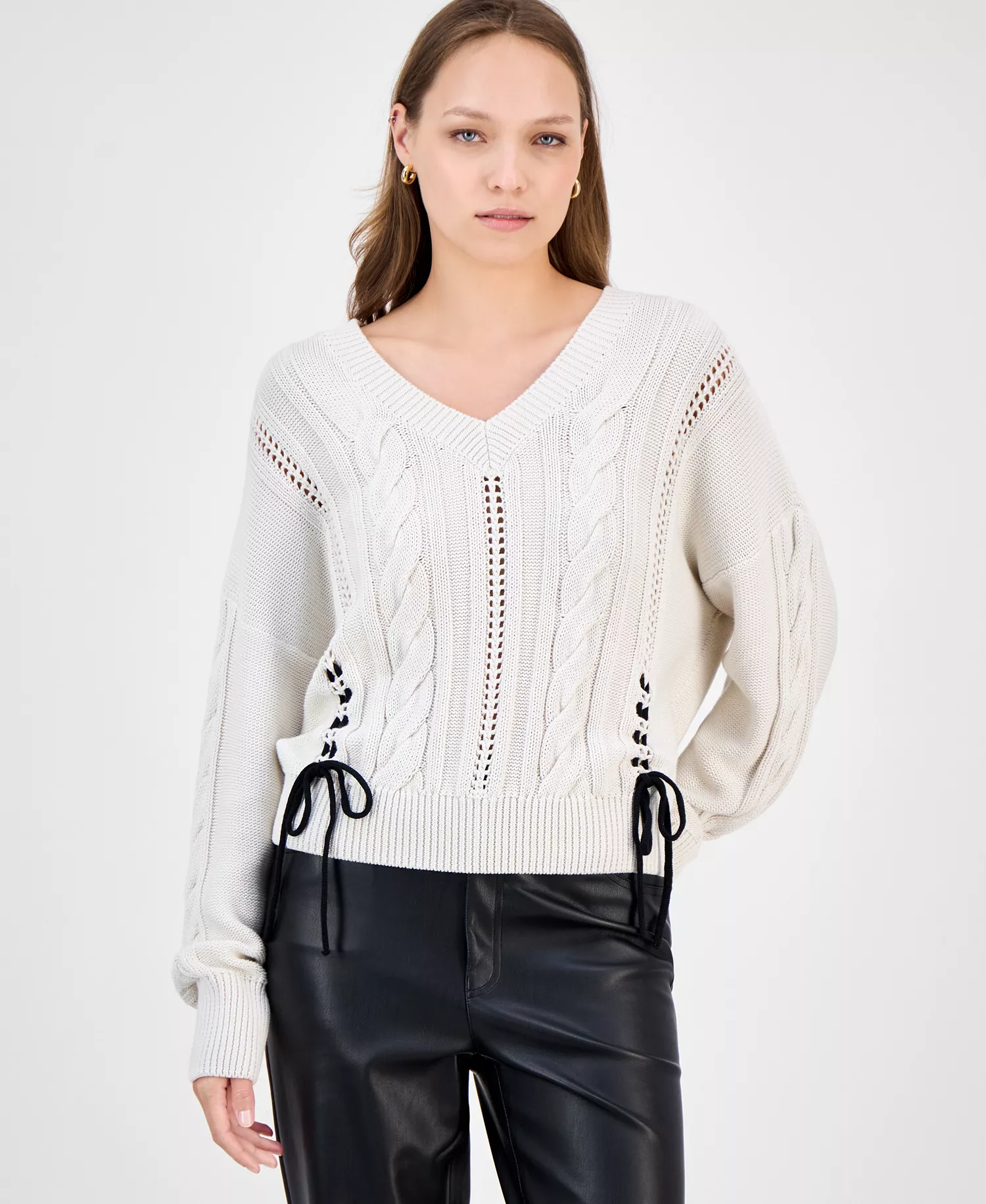 Women's Side-Stitch Cable-Knit Sweater - White - M