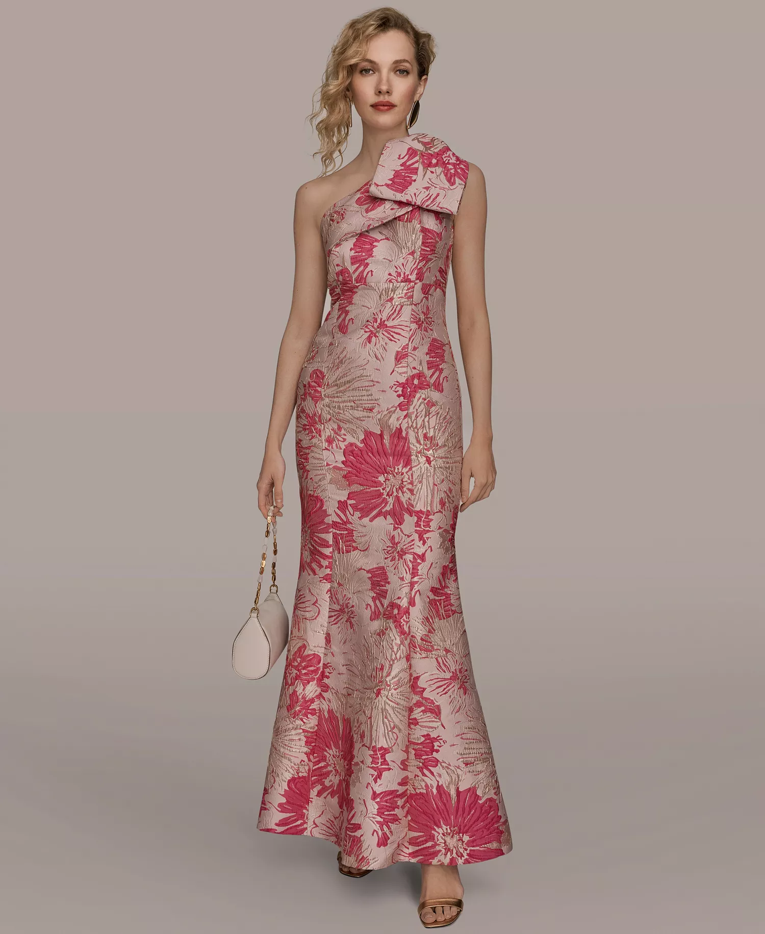Women's Jacquard Bow-Trim One-Shoulder Gown - FUCHSIA MULTI - 10