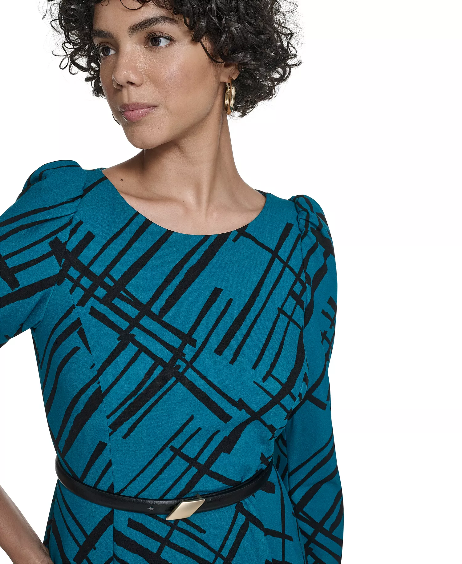 Women's Belted Plaid Midi Dress - EMERALD/BLACK - 14