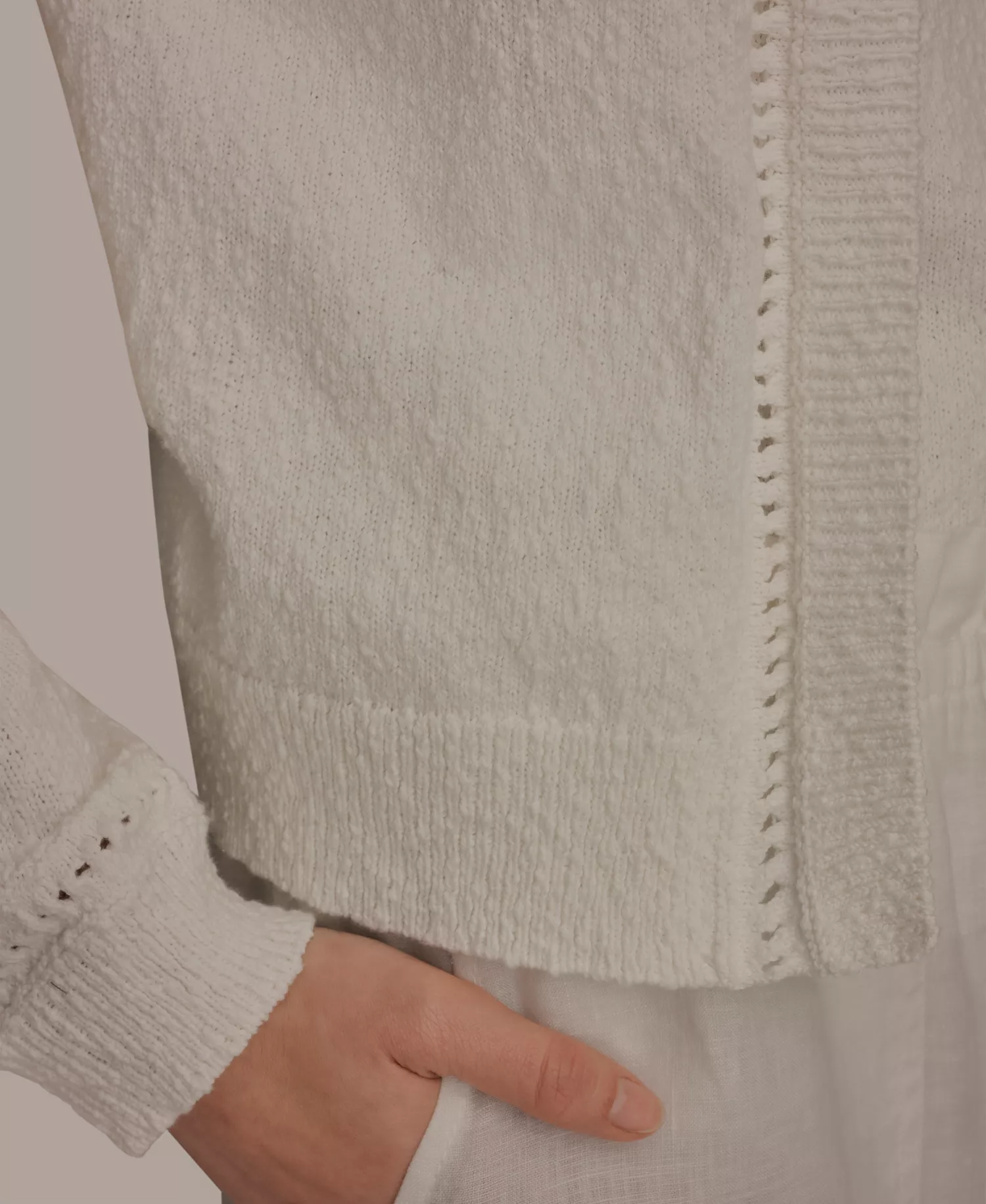 Women's Pointelle Stitch Open-Front Cotton Cardigan  - Cream - L