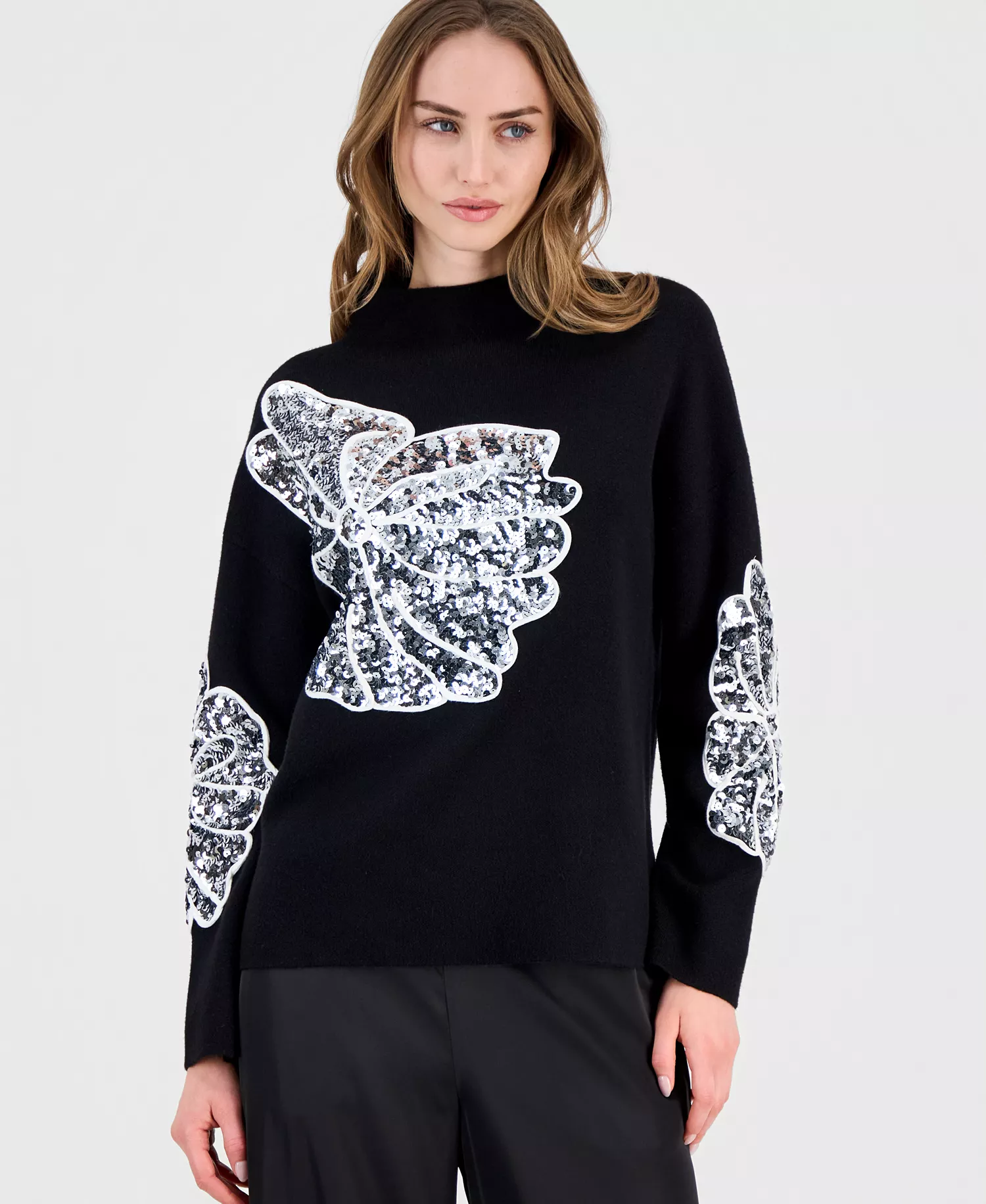 Women's Sequin Soutache Funnel-Neck Sweater - Black - L