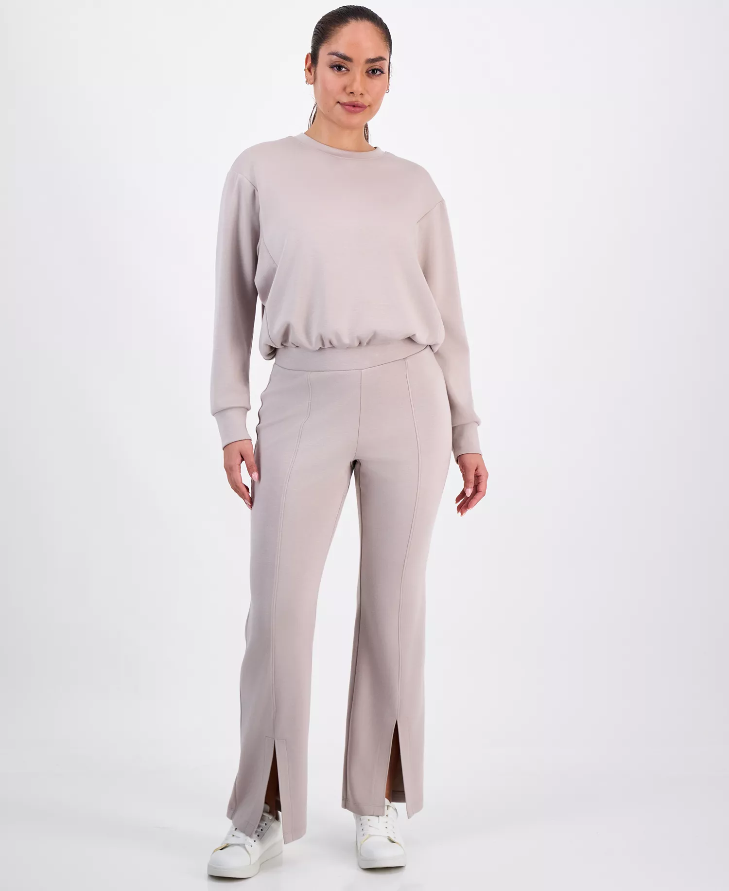 Petite Crewneck Bubble-Hem Top, Macy's Exclusive  - Taupe - P/L