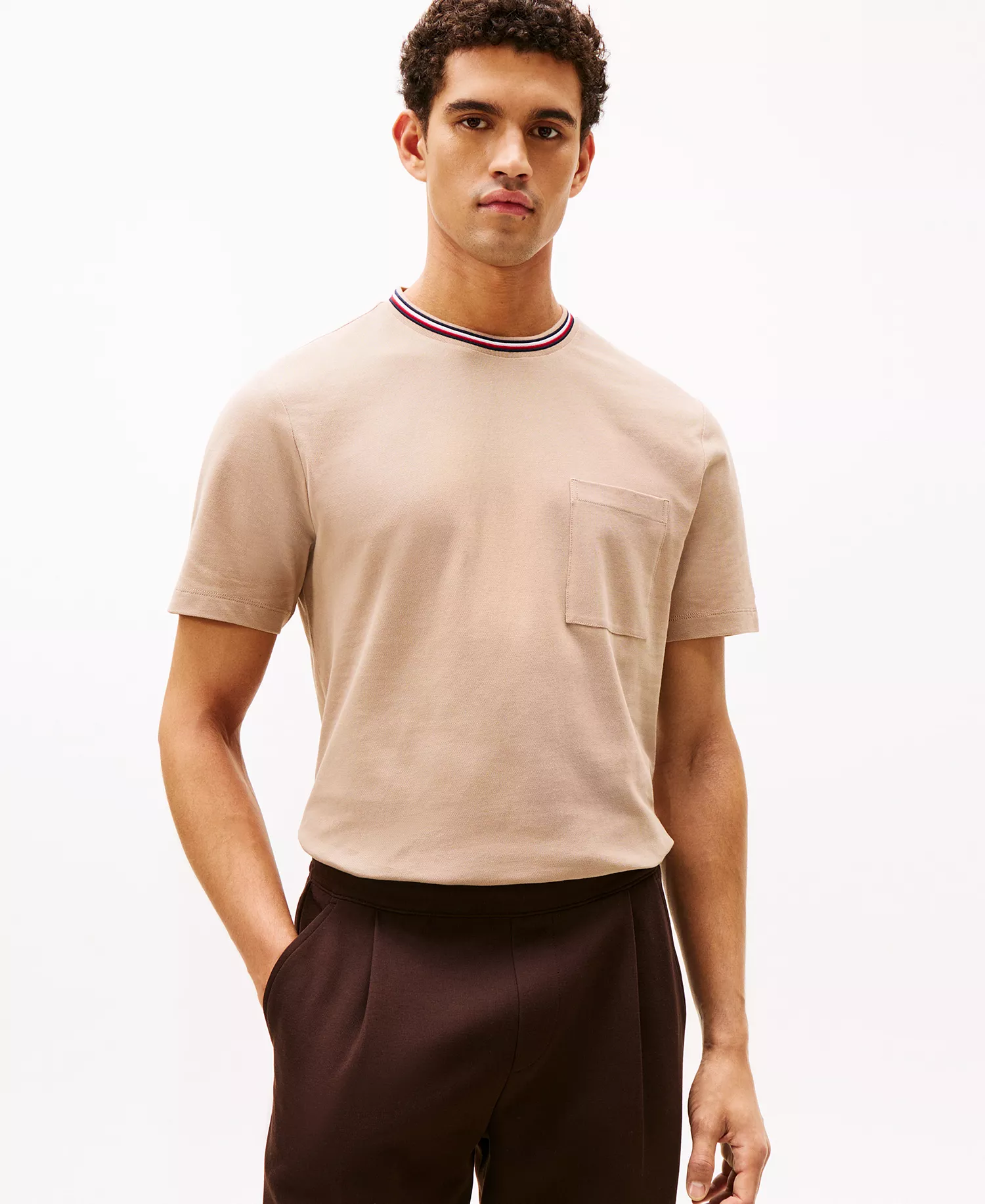 Men's Neck Stripe Detail Pique Pocket T-Shirt - Coastal Taupe - L