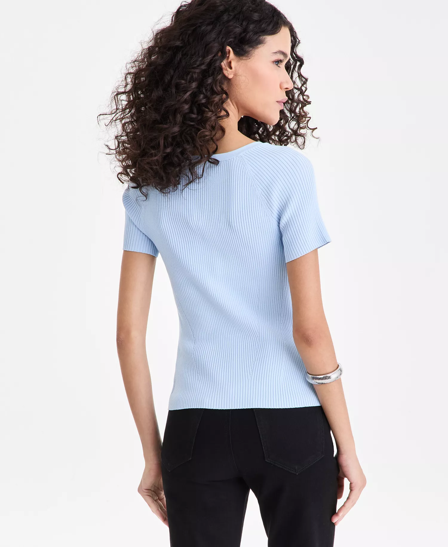 Women's Short-Sleeve Rib Knit Sweater - Bliss Blue - L