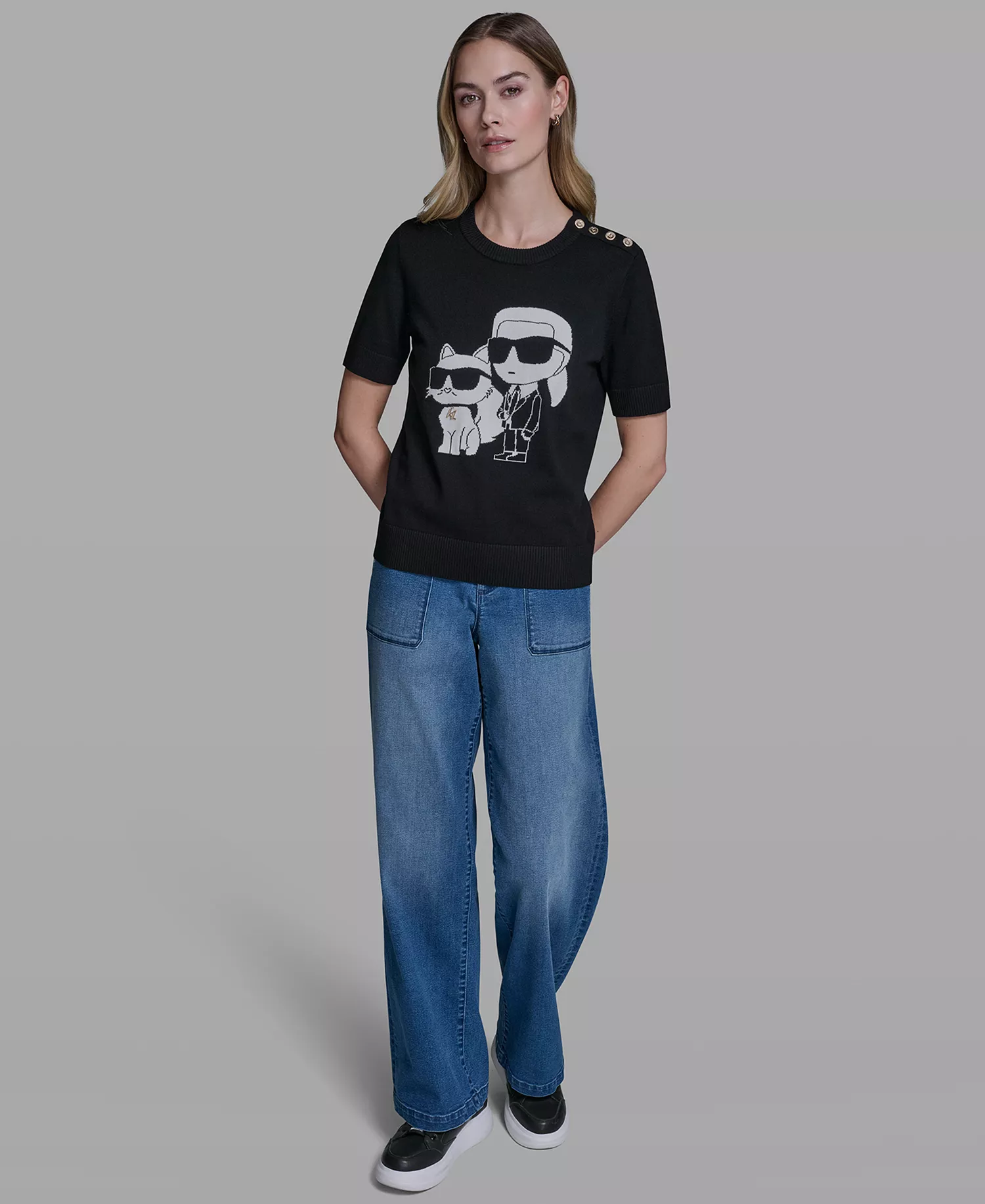 Petite Short-Sleeve Sweater - Black/Soft White - P/L