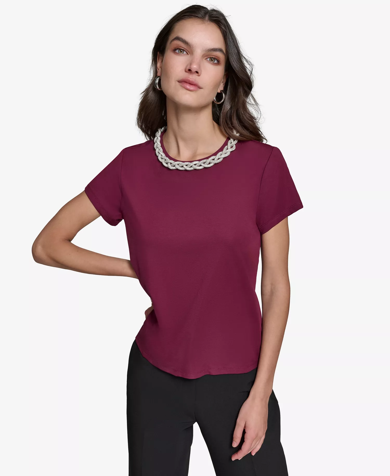 Women's Embellished Scoop-Neck Top - Barolo Wine - XS