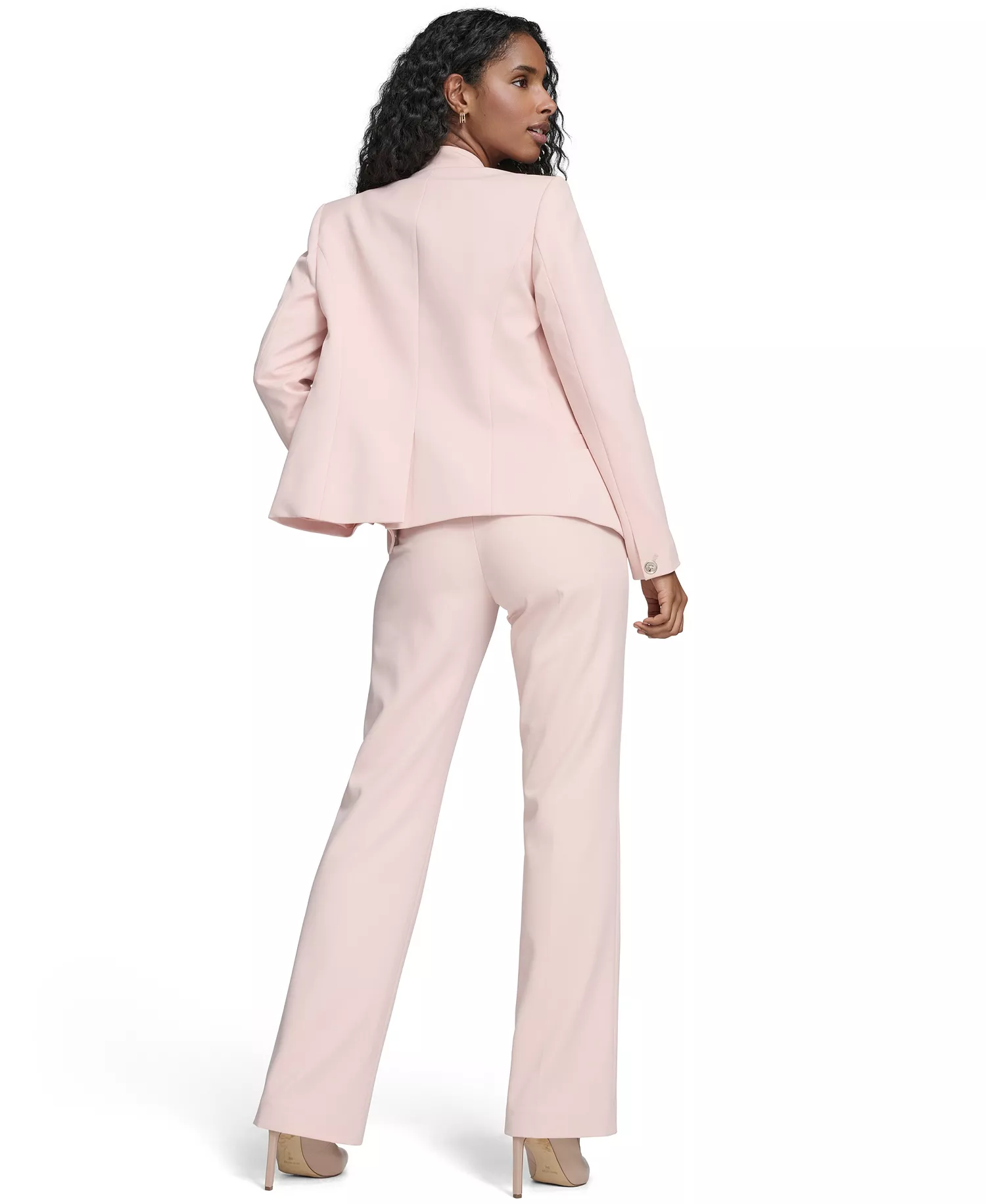 Women's Collarless Open-Front Jacket, Solid Bootcut Trouser Pants and Clip Dot Ruffle Popover Top - Evening Sand - 0