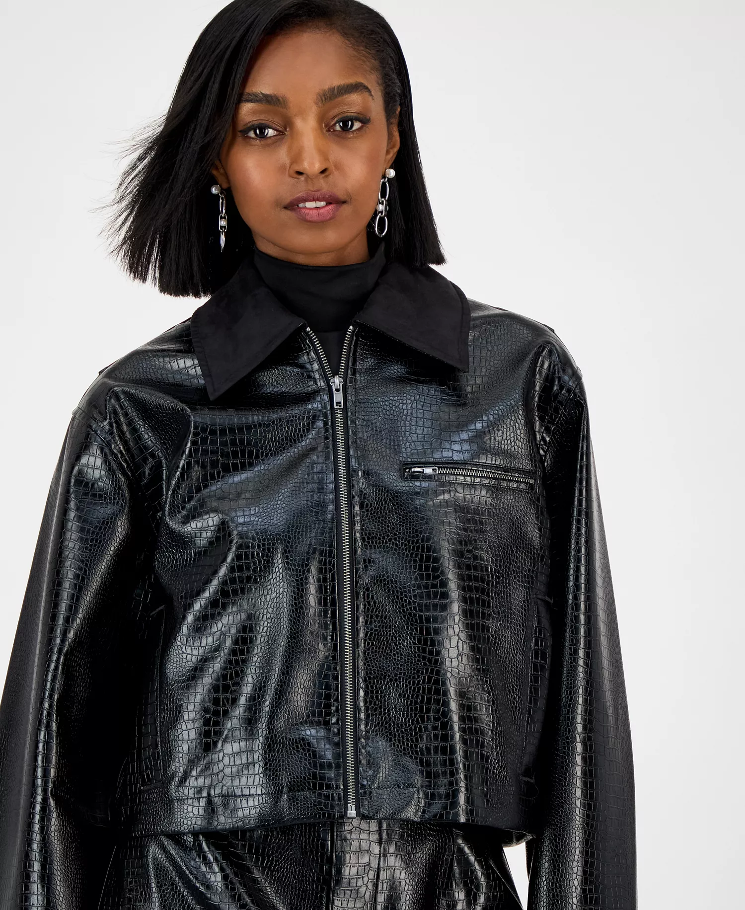 Women's Embossed Faux Leather Cropped Jacket, Macy's Exclusive - Deep Black - M