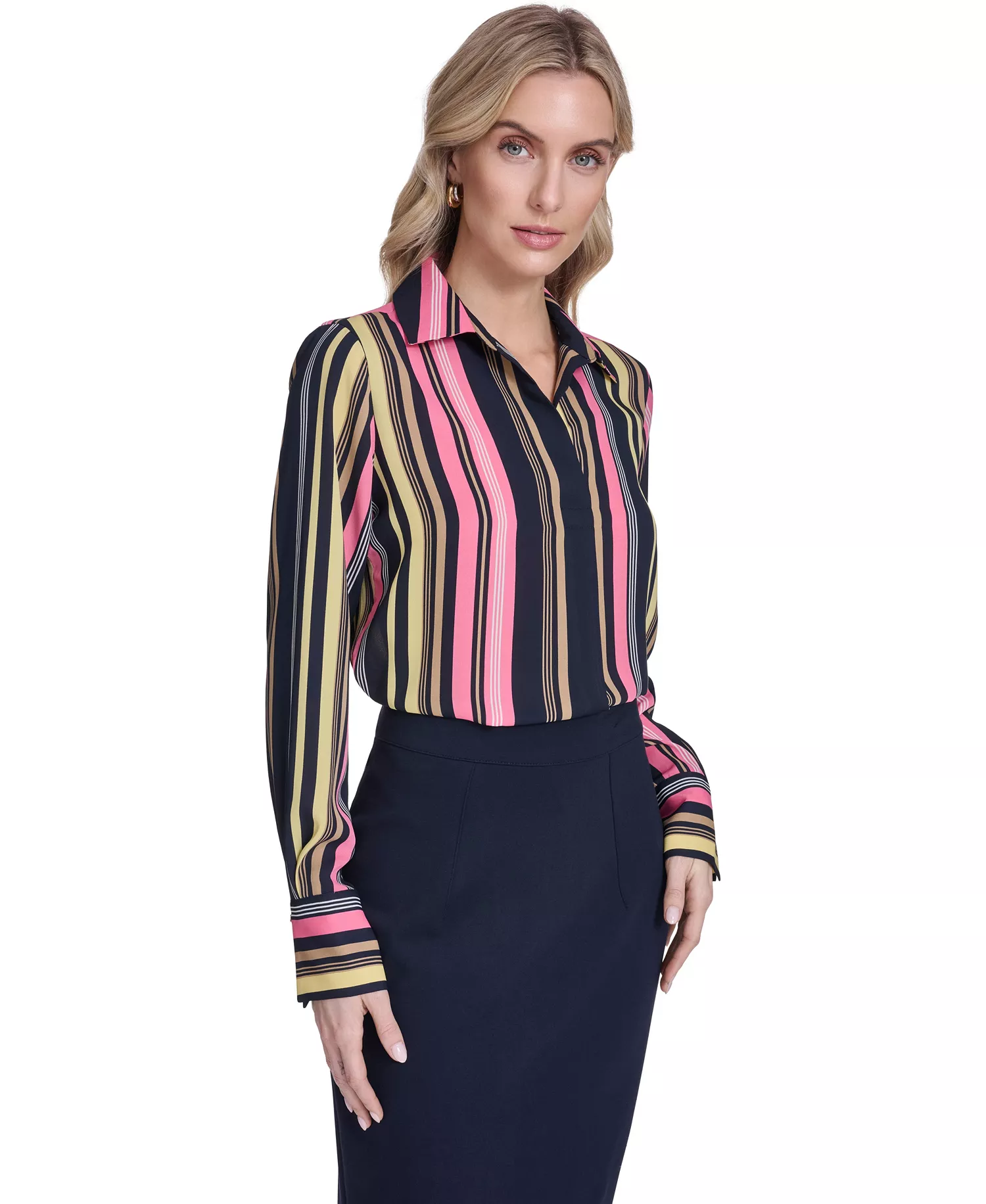Women's Stripe Long-Sleeve Popover Top - Midnight/Pink Tulip - L
