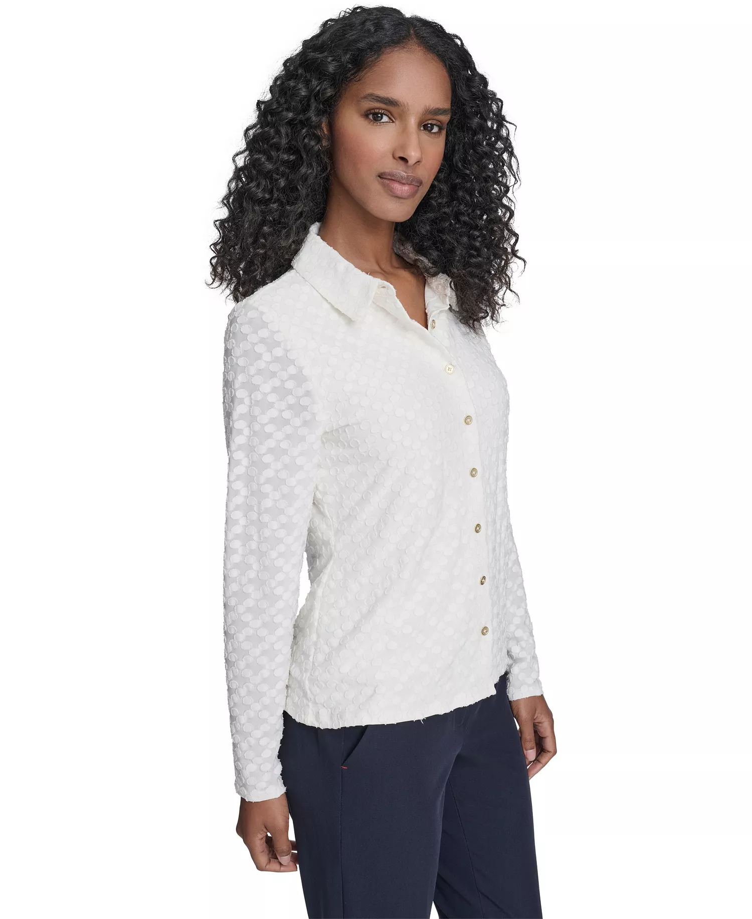 Women's Floral Clip Button-Up Top - Ivory - L