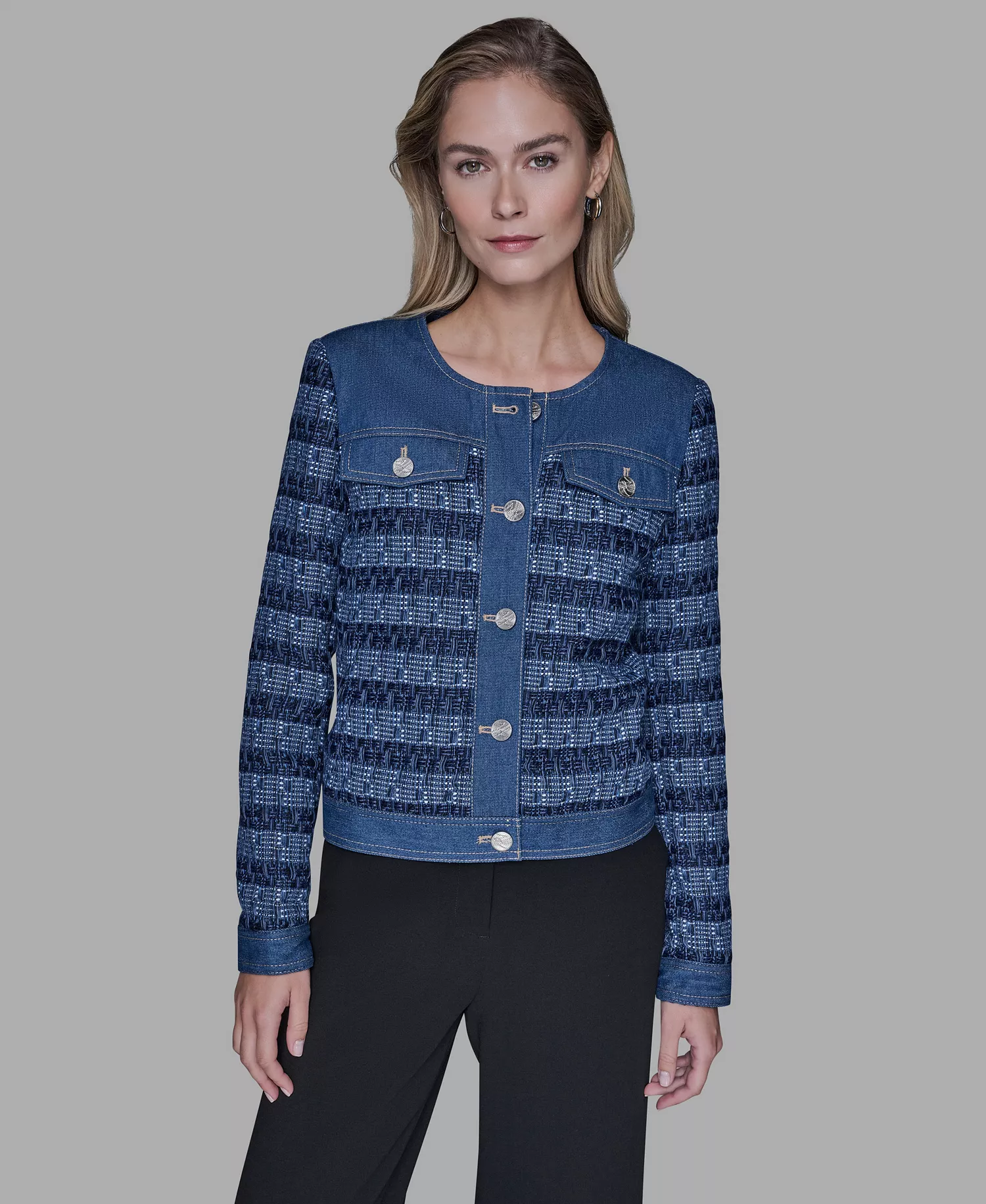 Women's Crewneck Tweed and Denim Jacket - Blue Aura/french Blue Multi - L