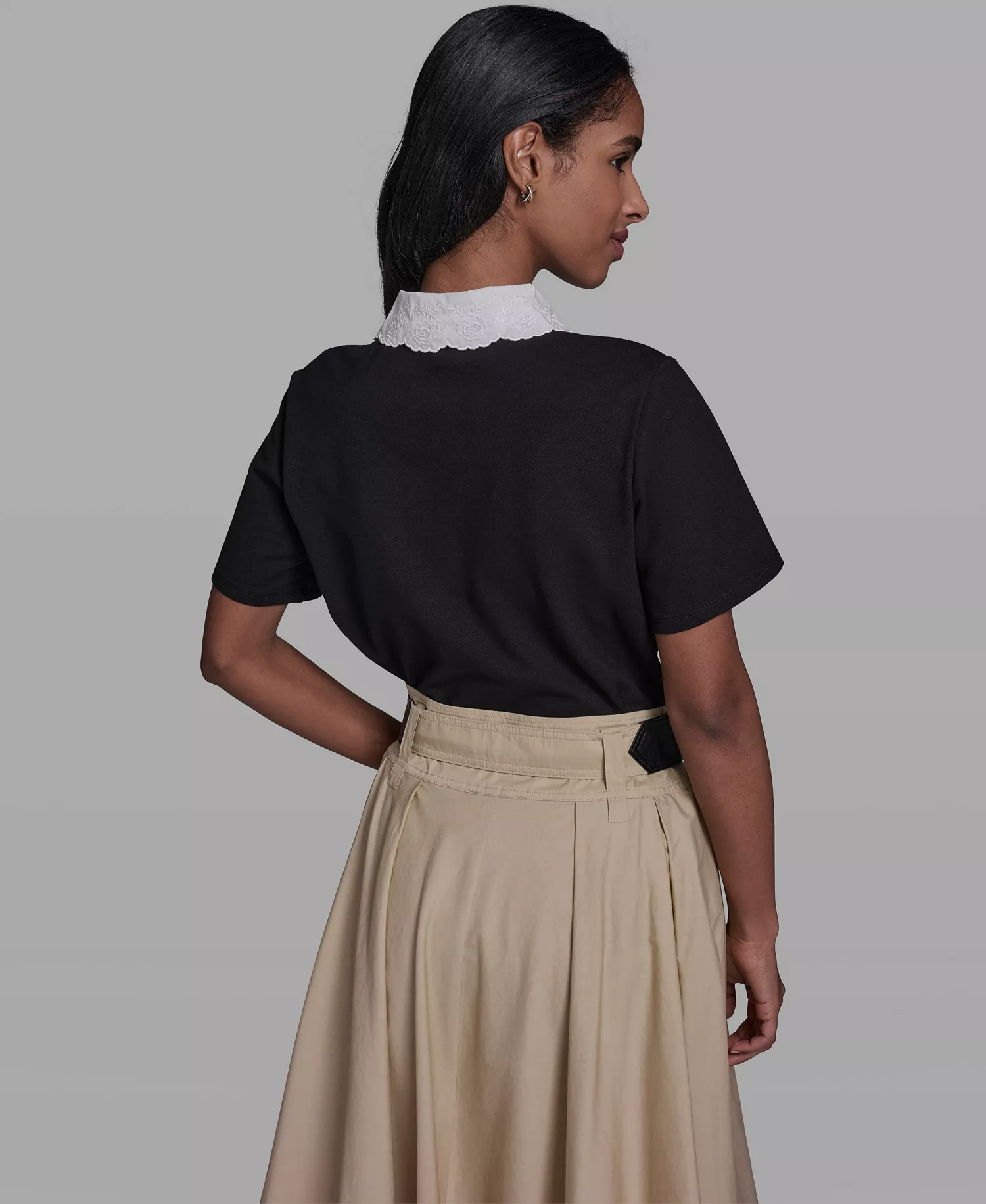 Women's Collared Short-Sleeve Blouse Top - Black - L