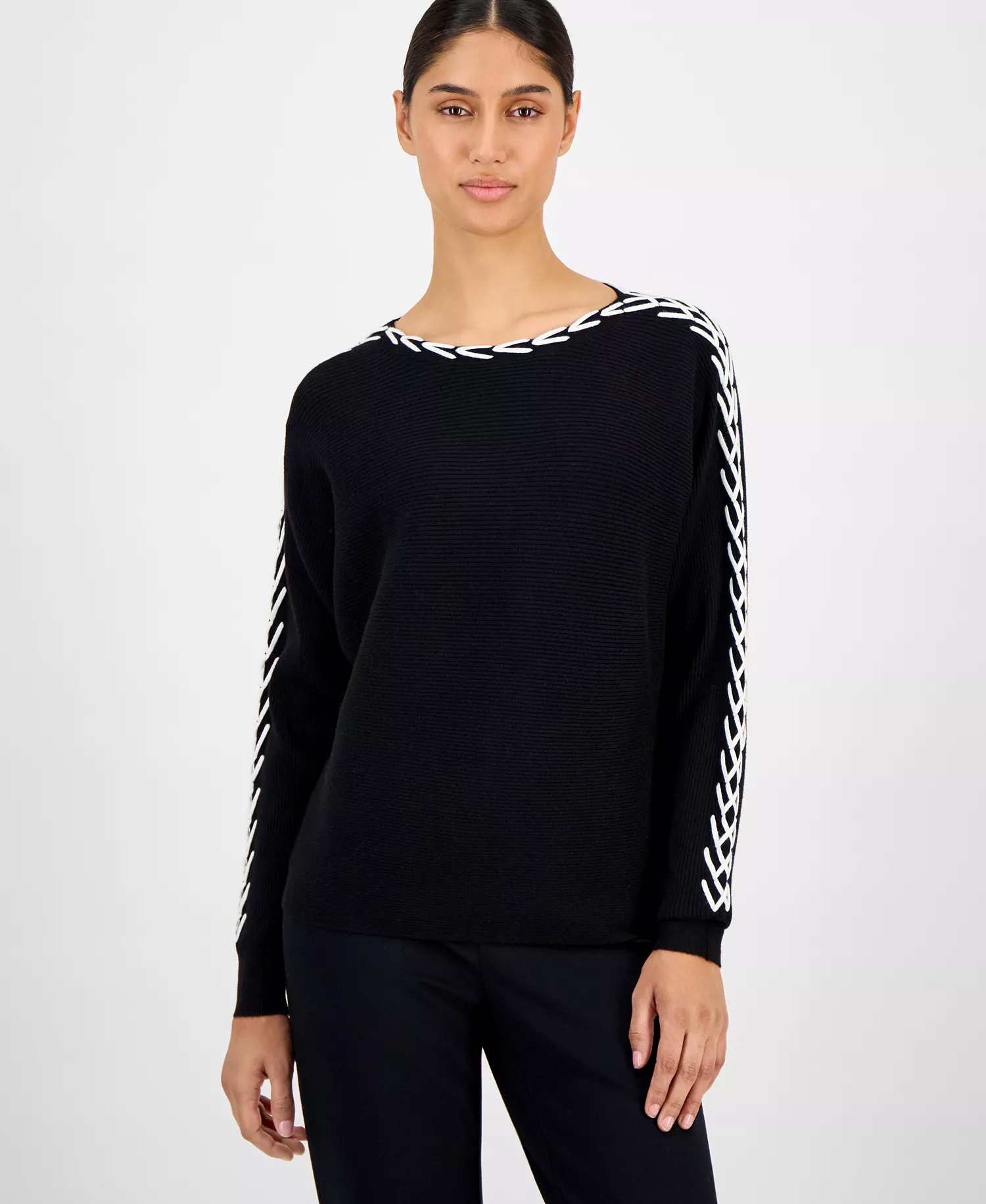 Women's Ribbed Dolman-Sleeve Sweater - Black/white - L