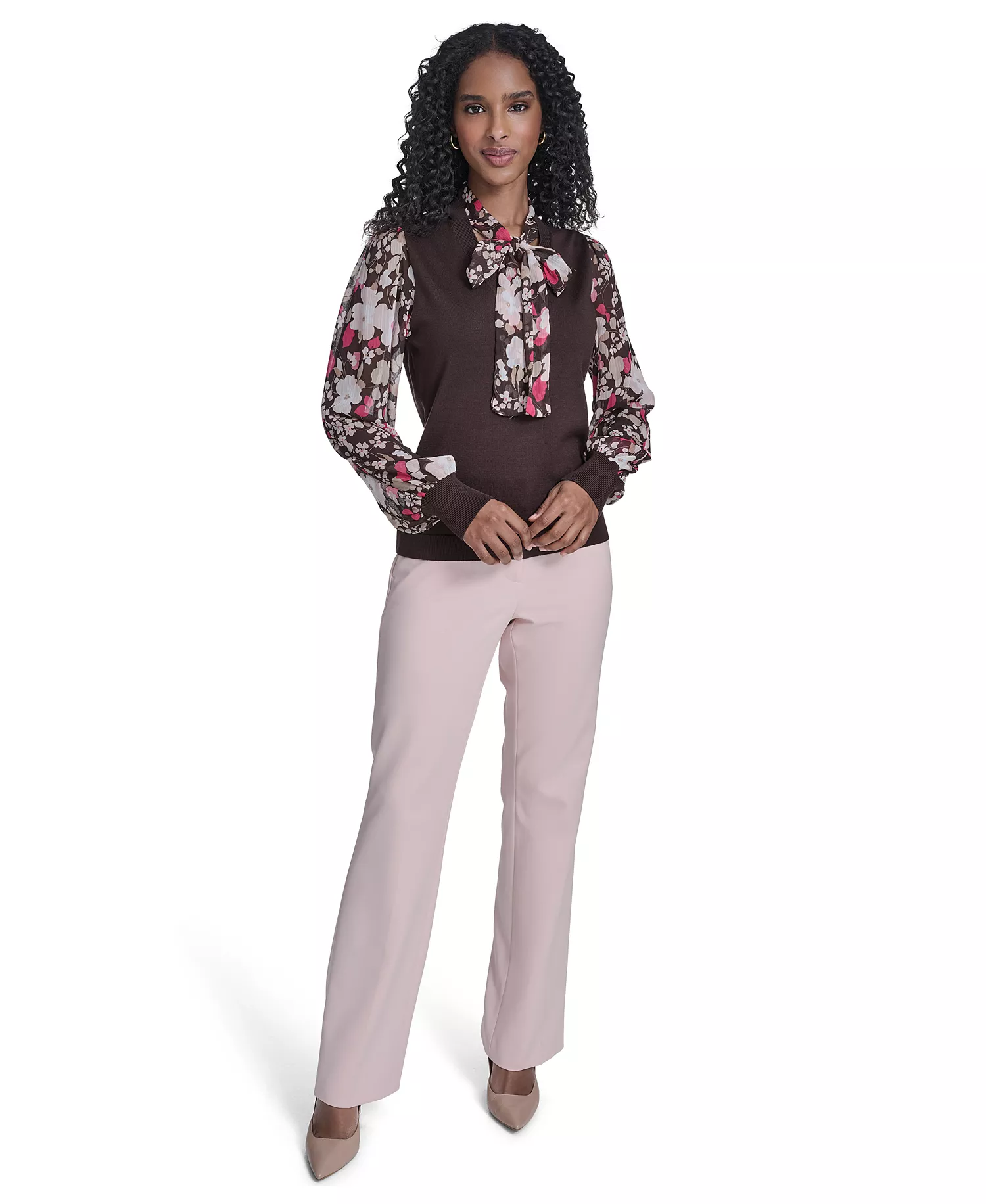 Women's Mixed Media Tie Neck Sweater - Chicory - L