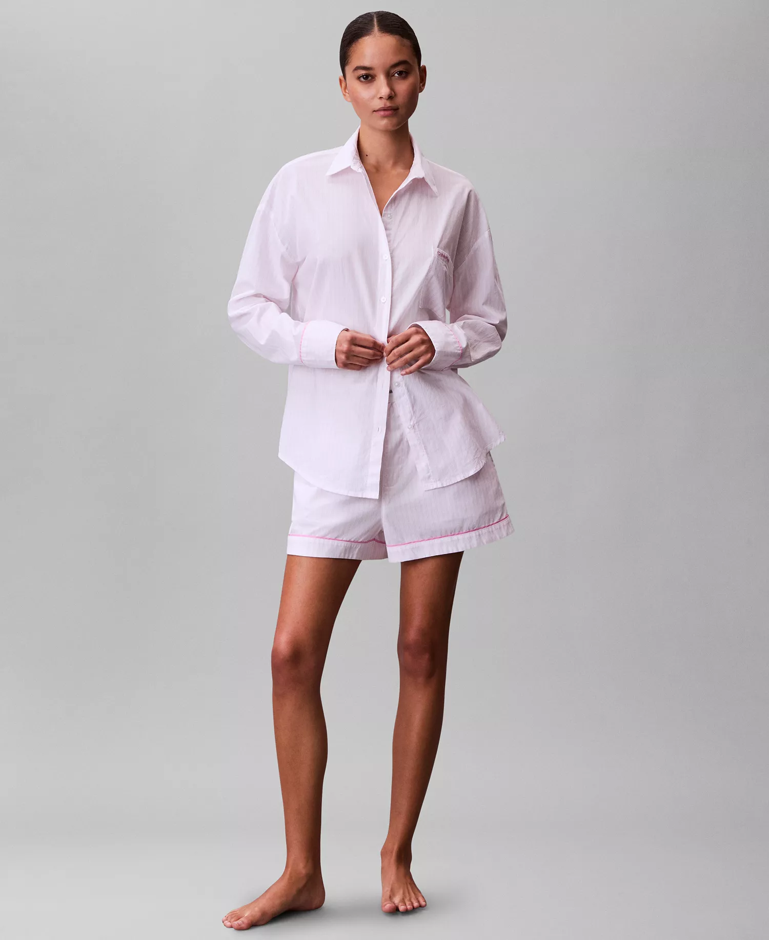 Women's Poplin Button-Down Pajama Shirt - Classic White Stripe - L