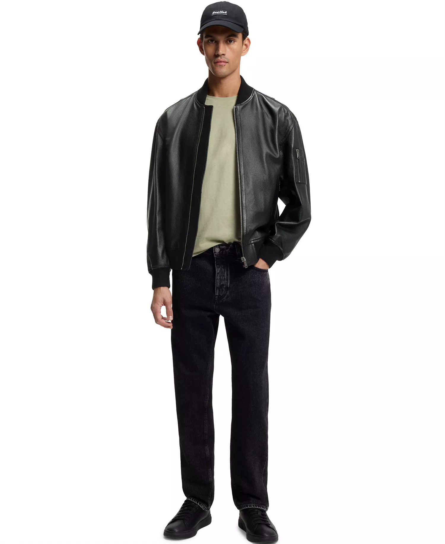 Men's Leather Bomber Jacket - Black - 36R