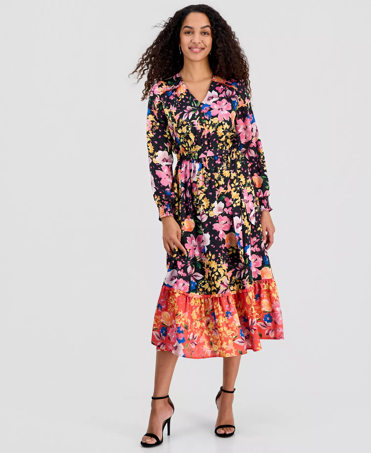 Women's Mixed Floral-Print Tiered Fit & Flare Dress - Gilded Garden Print - L