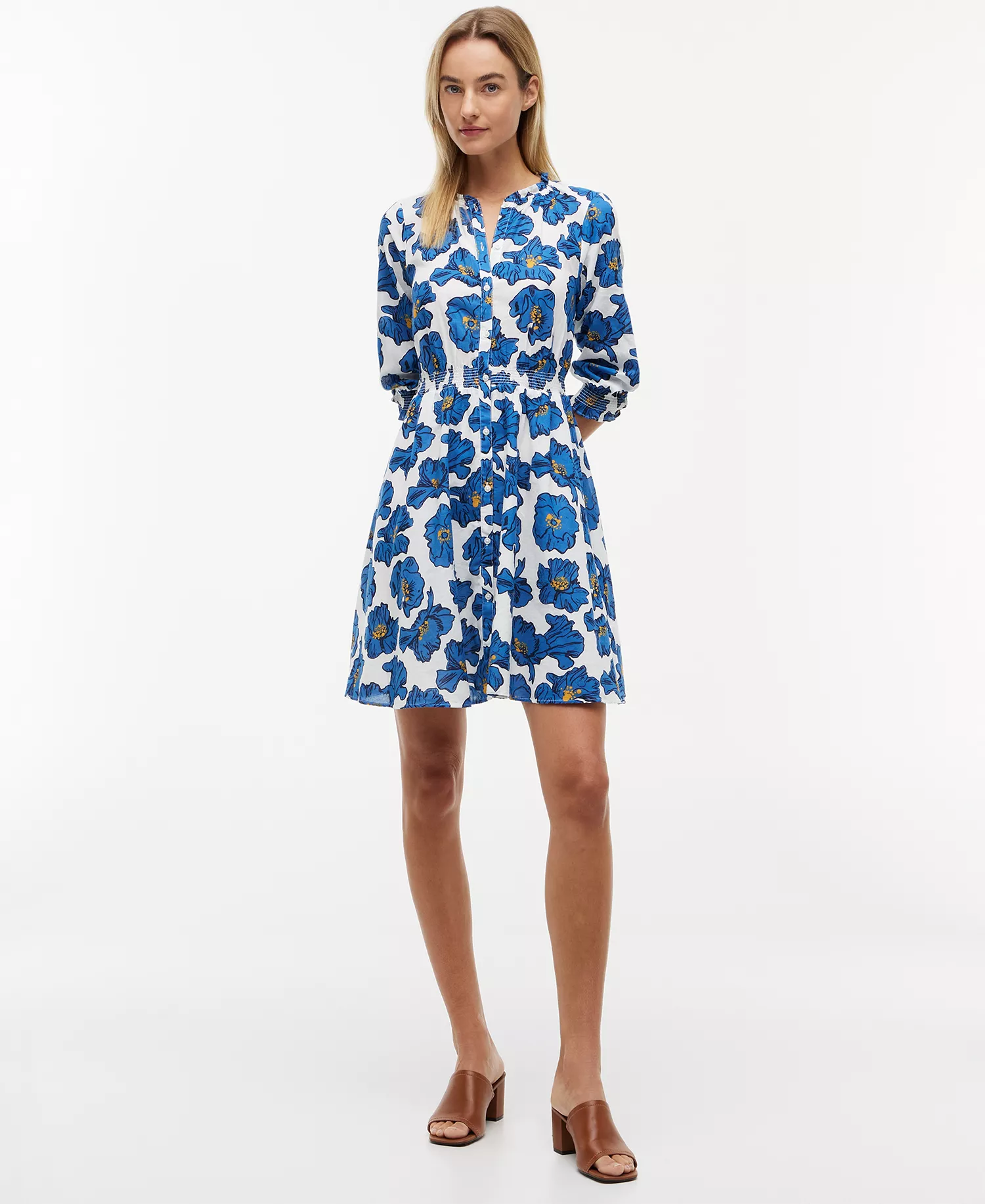 Women's Pin Tuck Cambric Shirt Dress - Pop Art Floral Ecru - L