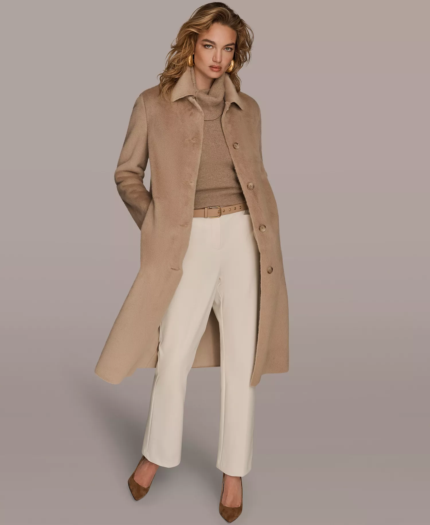 Women's Button Front Maxi Coat - Beige - L