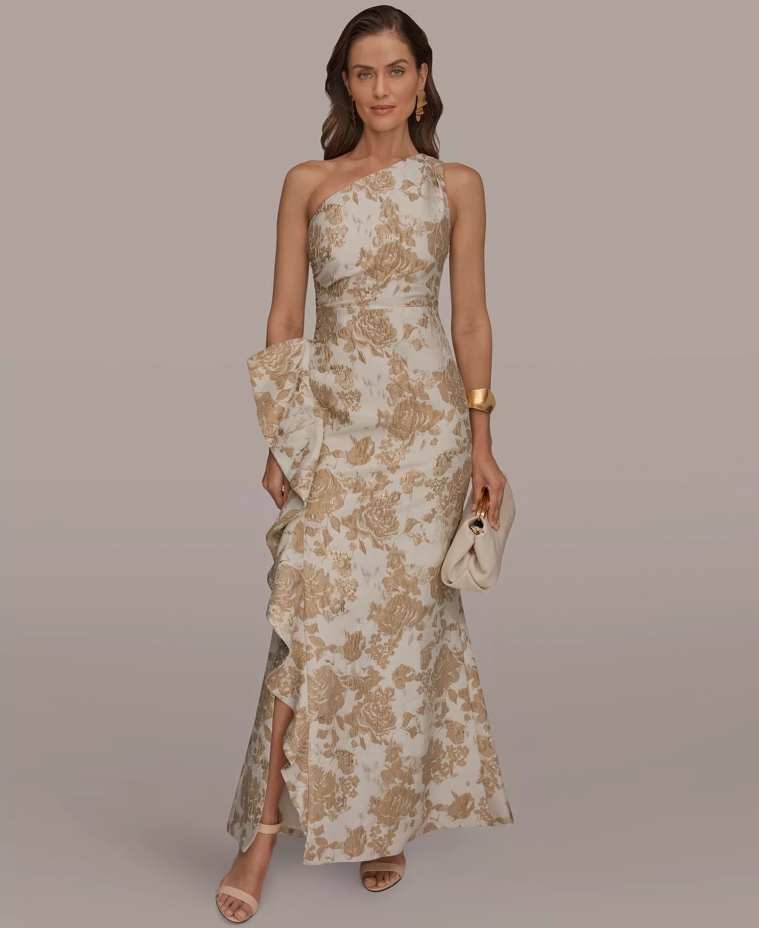 Women's One Shoulder Side Ruffle Gown - Gold Multi - 10