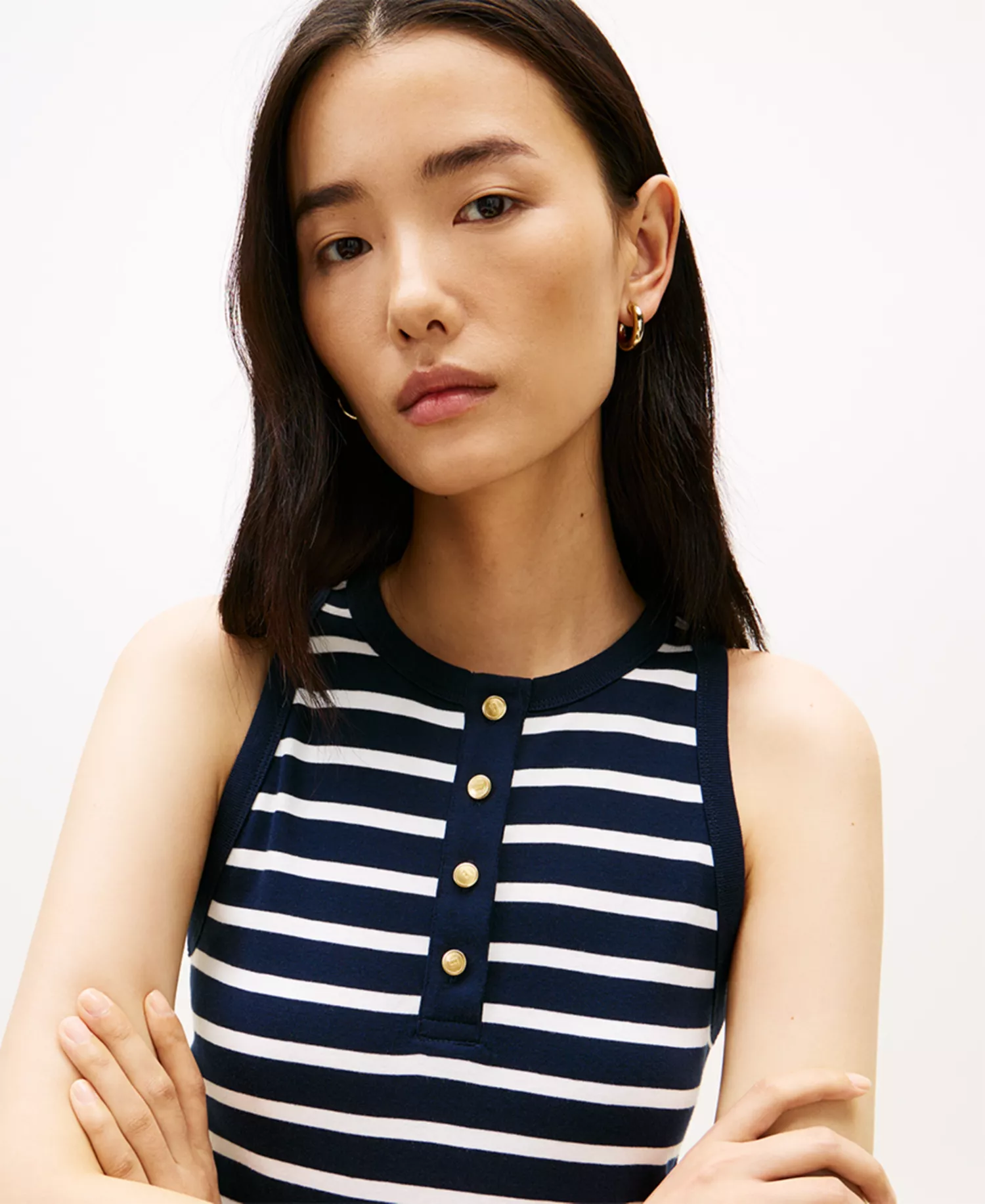 Women's Gold-Tone Button Dress - Breton Stripe Dark Night / Ecru - L