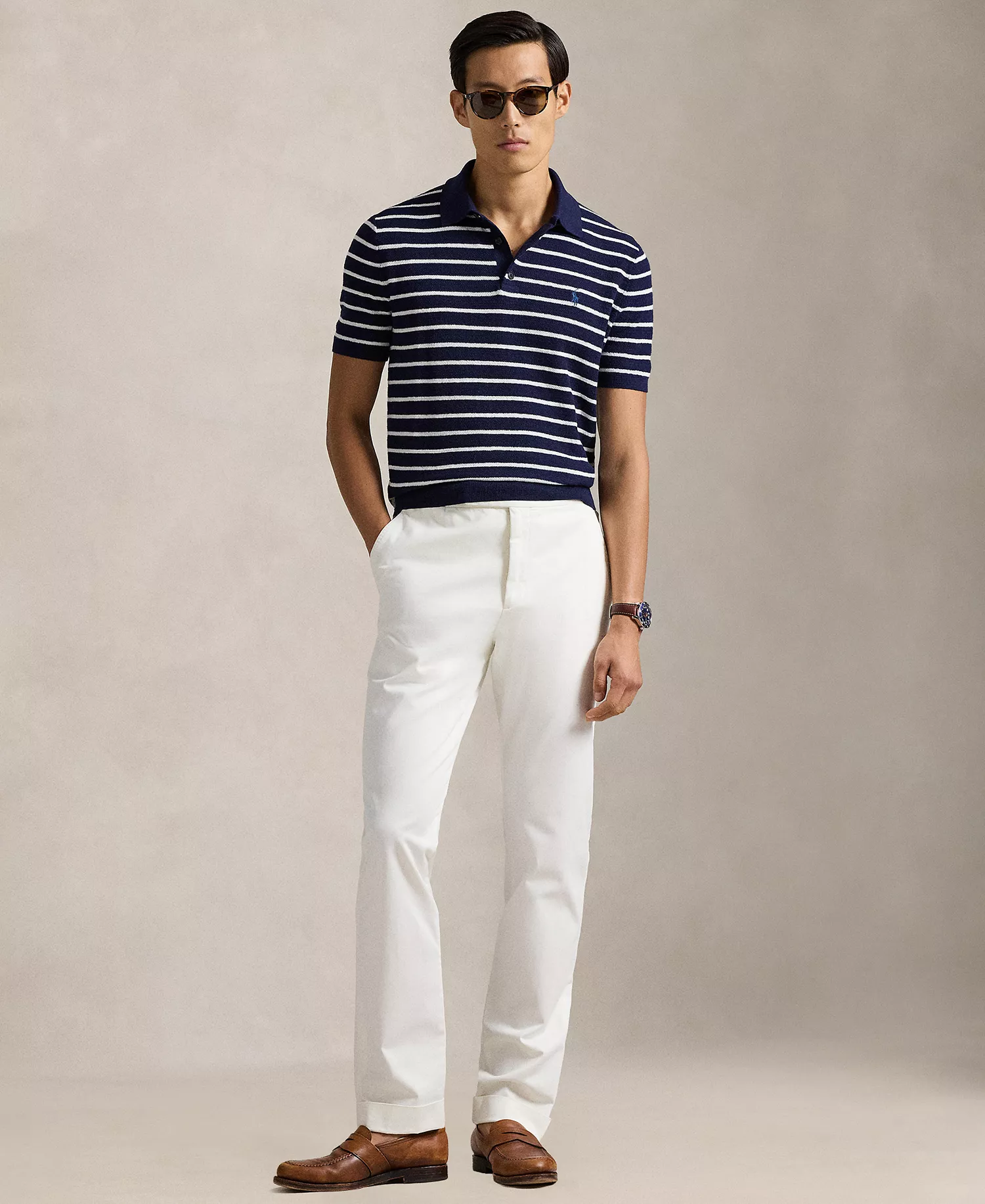 Men's Short-Sleeve Polo Collar Sweater - Bright Navy Combo - 2XL