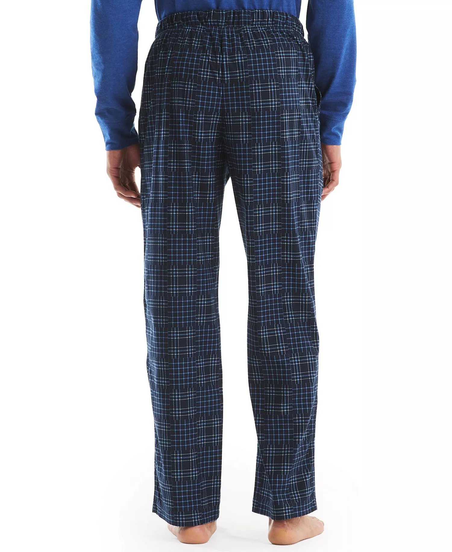 Men's Fleece Patchwork Plaid Pajama Pants - Navy - L