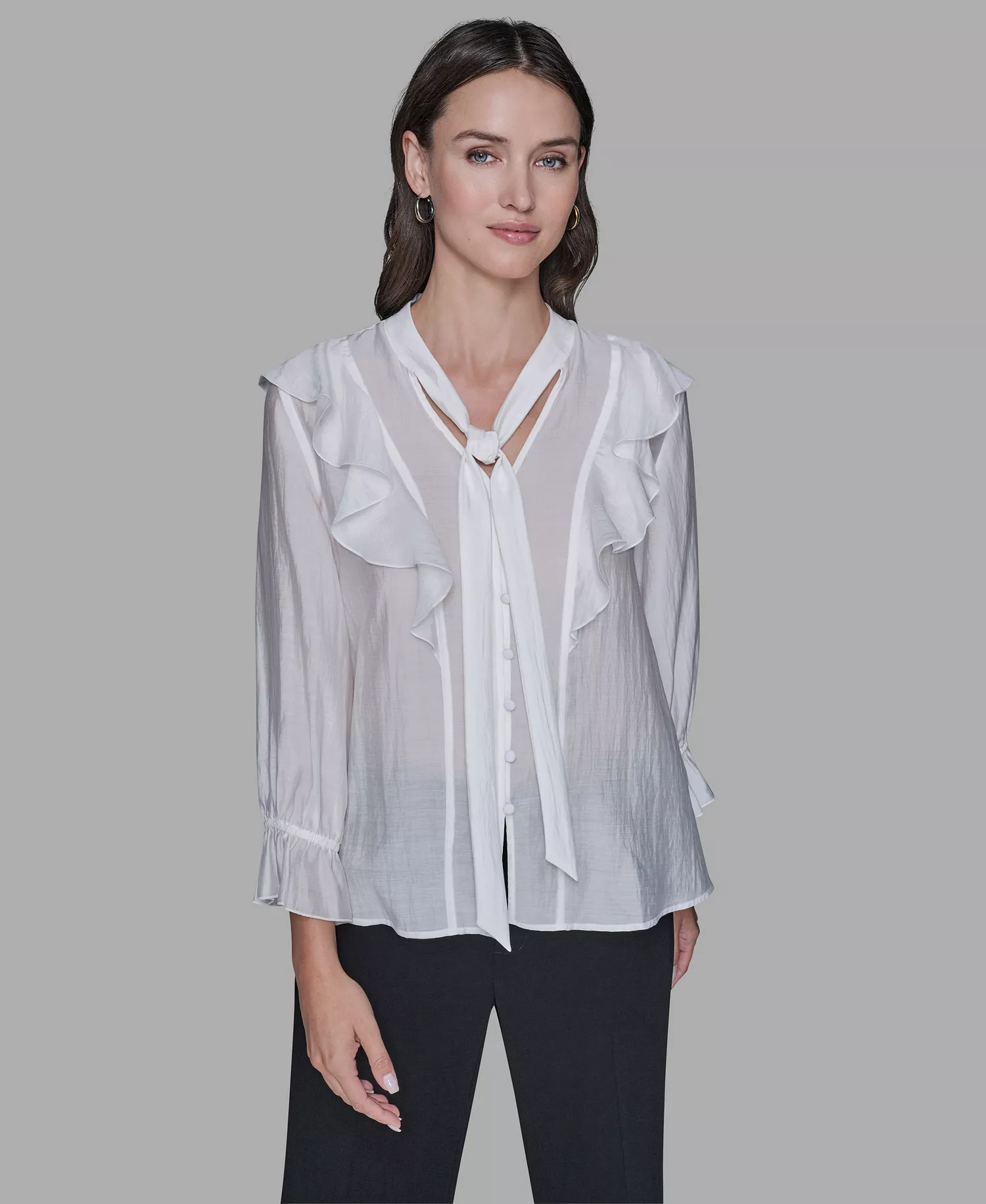 Women's Mock Neck Solid Organza Blouse - Soft White - L