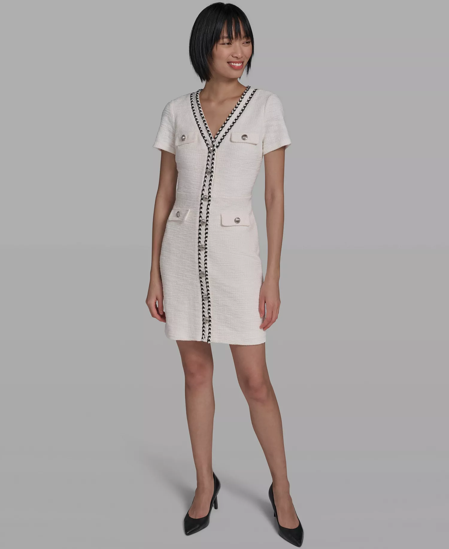 Women's V-Neck Tweed Sheath Dress - White - 10