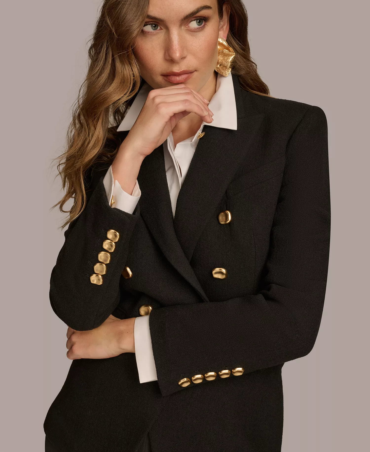 Women's Double Breasted Buttoned Blazer - Black - L