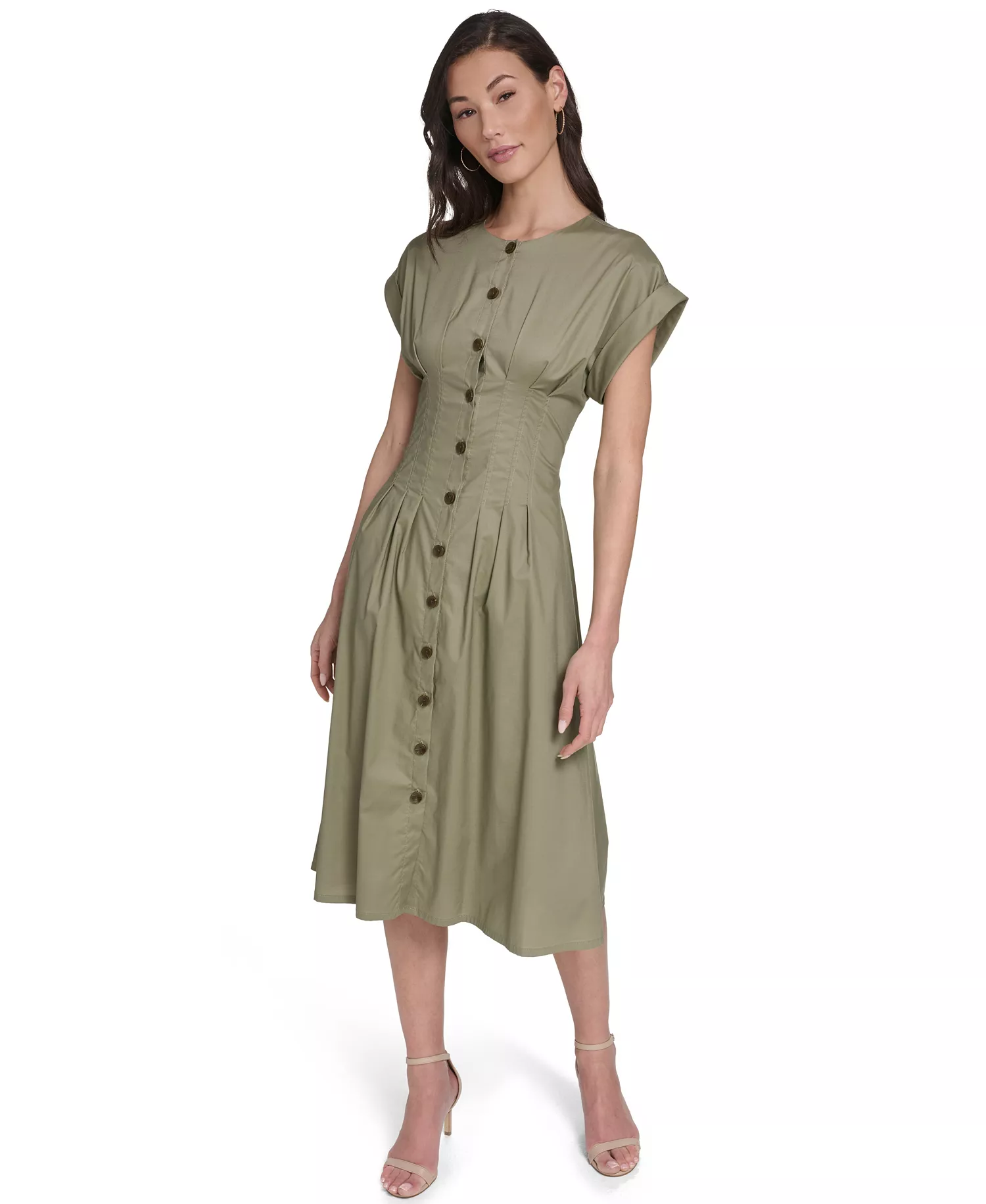 Women's Button Down A-Line Midi Dress - Light Olive - 10