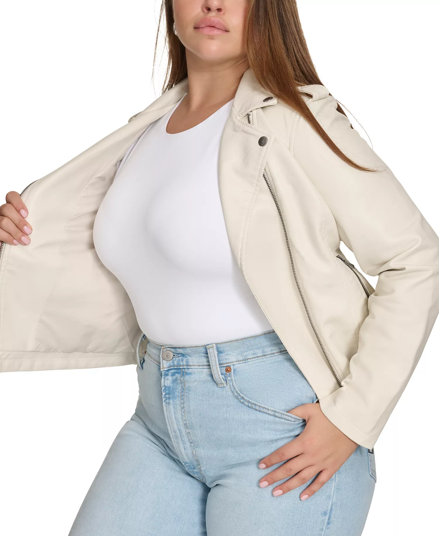 Plus Size Trendy Faux Leather Moto Jacket - Oyster - 2X