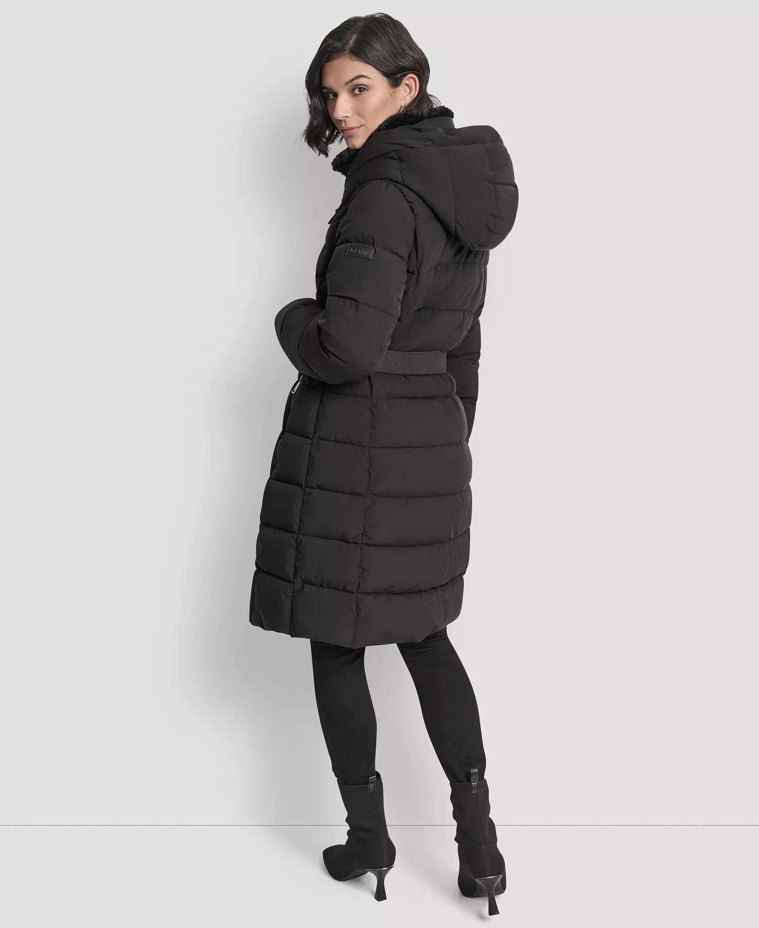 Women's Belted Asymmetrical Zip Front Puffer Coat - Black - M