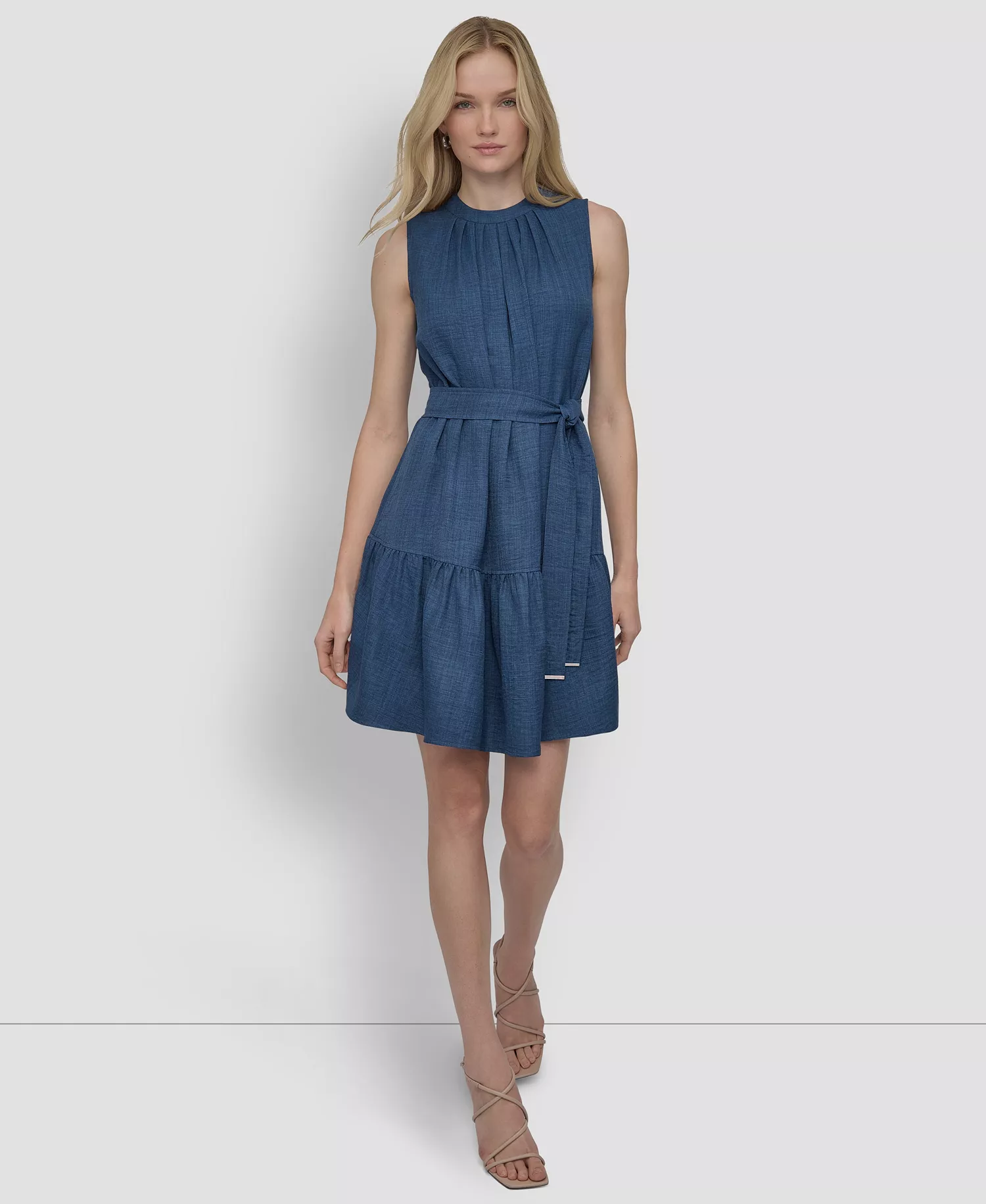 Women's Sleeveless Crew Neck Drop Waist Short Dress - Denim - 10
