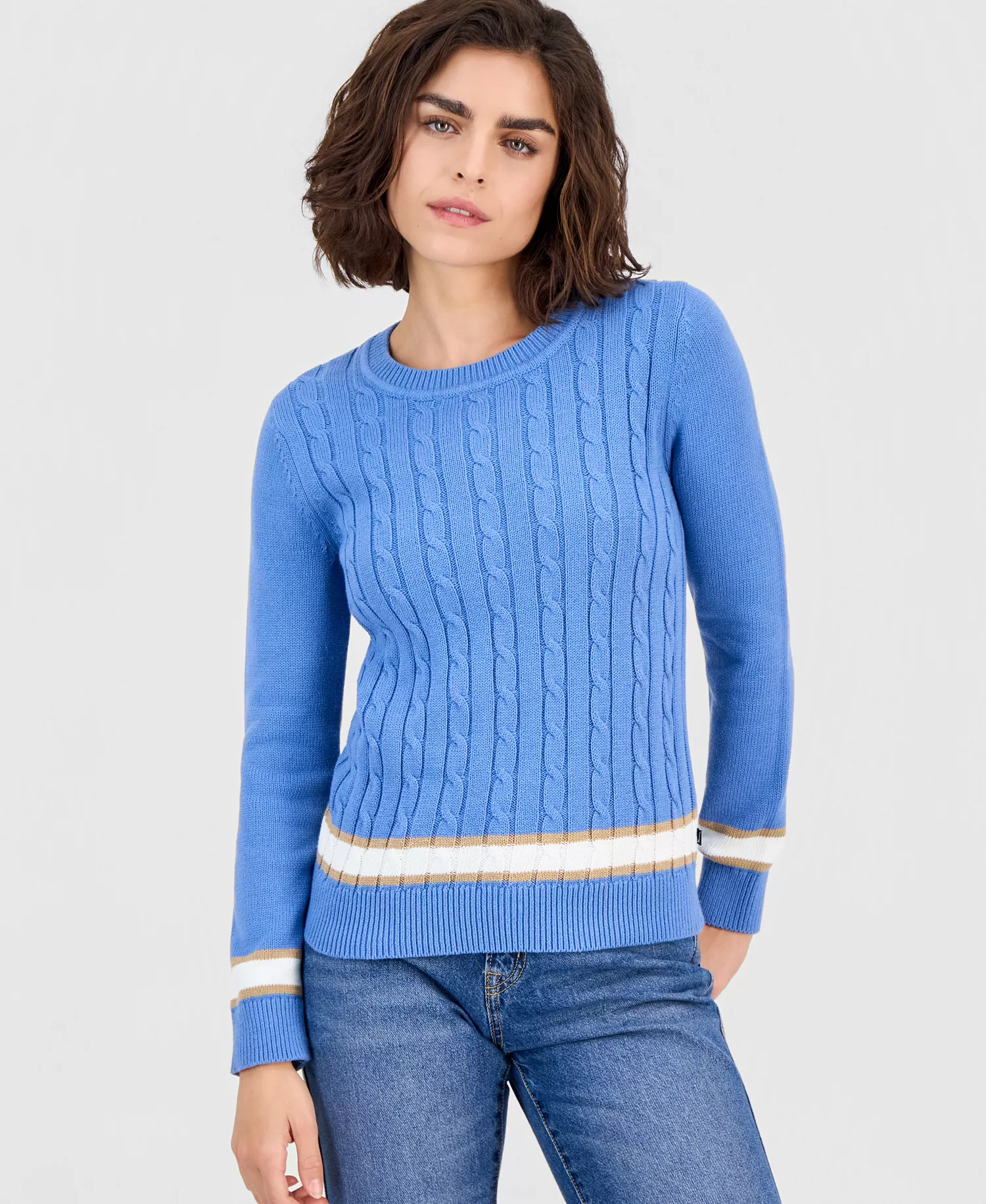 Nautica Women's Thick-Tipped Cable-Knit Crewneck Sweater - Blue Haze Multi - L