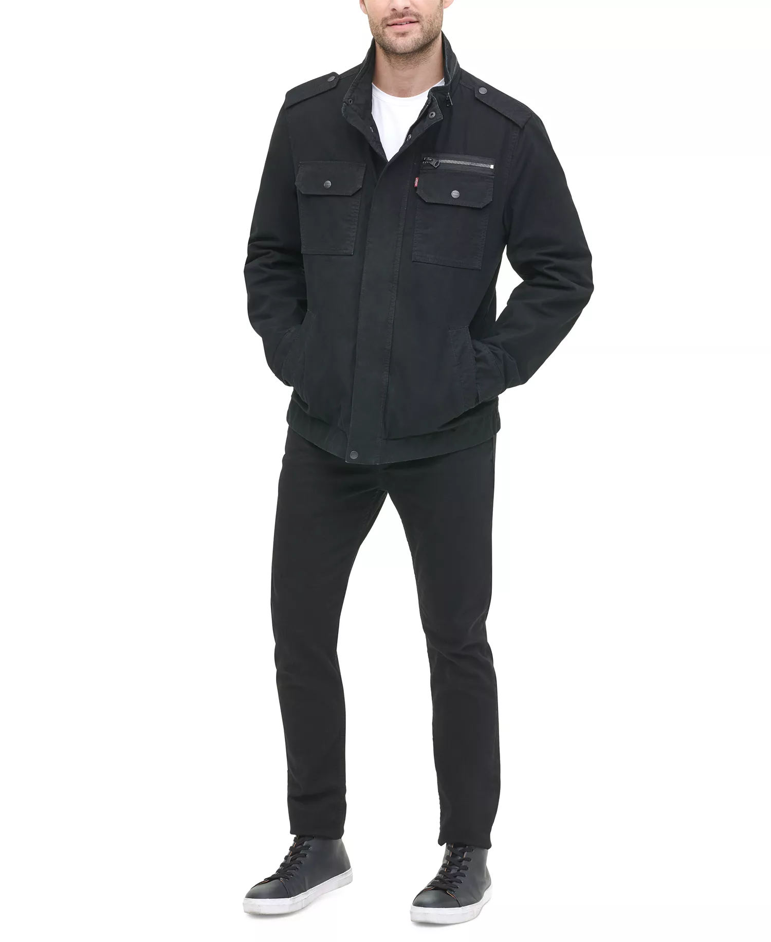 Men's Cotton Zip-Front Jacket   - Black - 2XL
